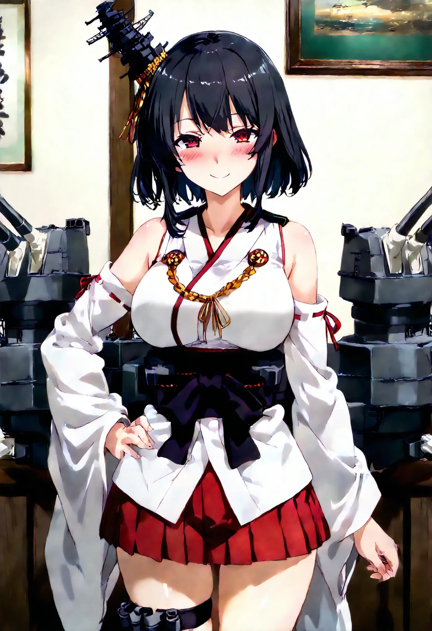 Yamashiro (Kantai Collection))
one girl, solos, Disgusting Smile,  false smile, detailed skin, Blush, 
yamashiro-kc, short hair, black hair, headgear, red eyes, hair ornament, ,japanese clothes, nontraditional miko, bare shoulders, fusou-sleeves, detached ...