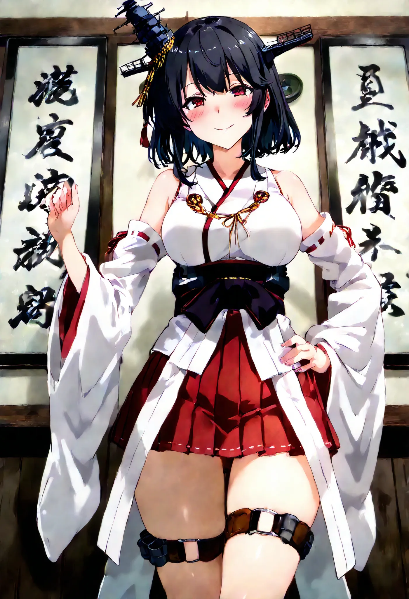Yamashiro (Kantai Collection))
one girl, solos, Disgusting Smile,  false smile, detailed skin, Blush, 
yamashiro-kc, short hair, black hair, headgear, red eyes, hair ornament, ,japanese clothes, nontraditional miko, bare shoulders, fusou-sleeves, detached ...