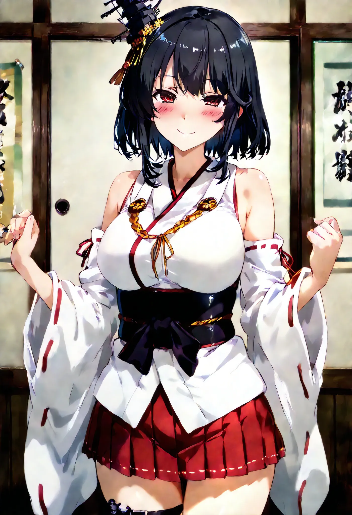 Yamashiro (Kantai Collection))
one girl, solos, Disgusting Smile,  false smile, detailed skin, Blush, 
yamashiro-kc, short hair, black hair, headgear, red eyes, hair ornament, ,japanese clothes, nontraditional miko, bare shoulders, fusou-sleeves, detached ...