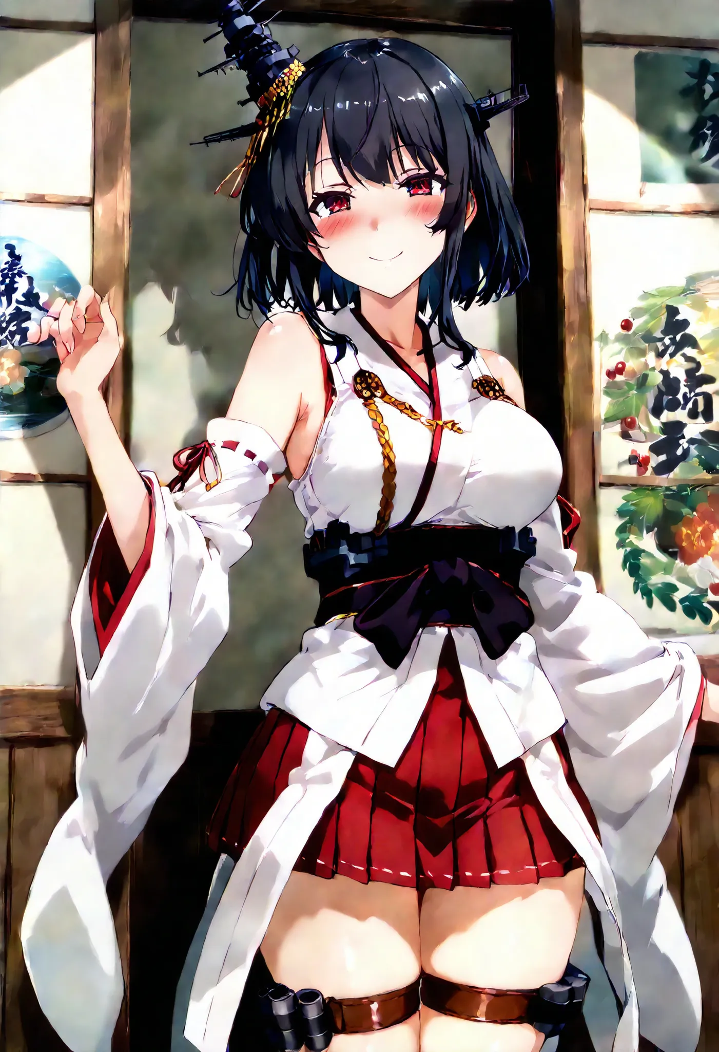 Yamashiro (Kantai Collection))
one girl, solos, Disgusting Smile,  false smile, detailed skin, Blush, 
yamashiro-kc, short hair, black hair, headgear, red eyes, hair ornament, ,japanese clothes, nontraditional miko, bare shoulders, fusou-sleeves, detached ...