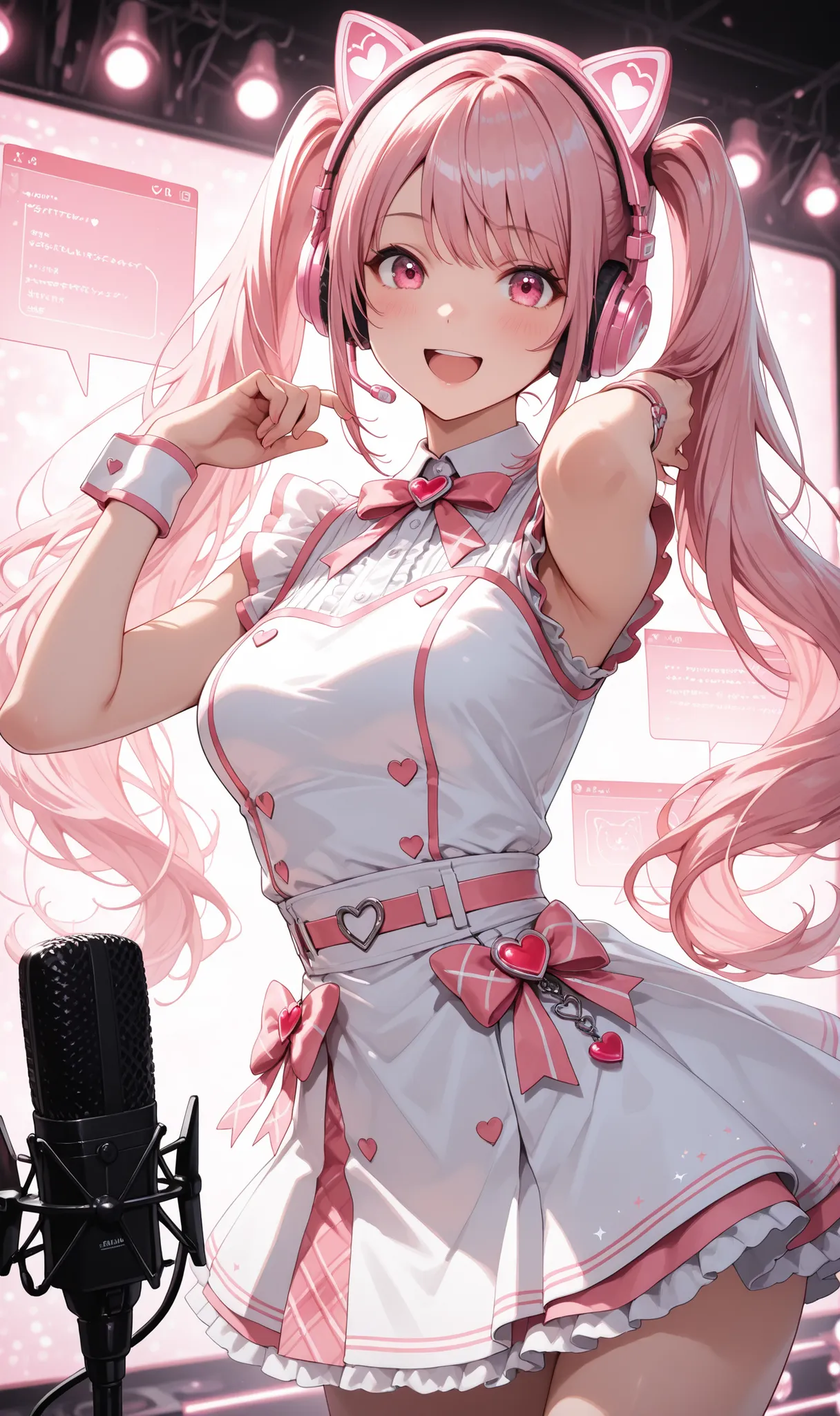 (masterpiece, detailed:1.2), female virtual idol, long flowing twin tails, pastel pink hair, futuristic podcaster studio, pink and white accents, professional microphone with heart motifs, soft LED lighting, kawaii headphones, cute outfit with tech details...