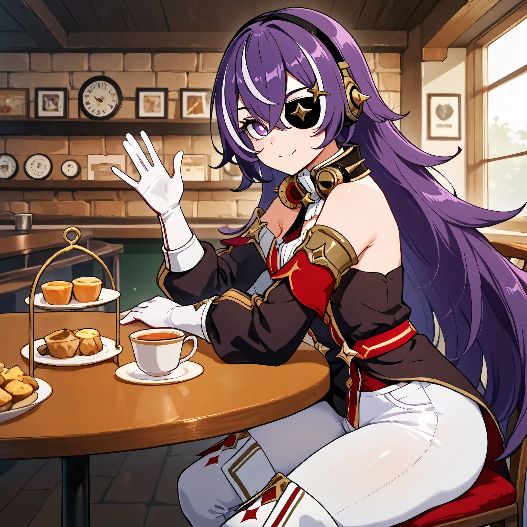 masterpiece, Top quality, solo, Curvy, beautiful eyes,, zzChevreuse, PURPLE EYES, hair between the eyes, Long Hair, multicolored hair, purple hair, striped hair, white hair, has, earmuffs, eye patch, bare shoulder, Gold trim, 黒 Butt under pants, Butt under...