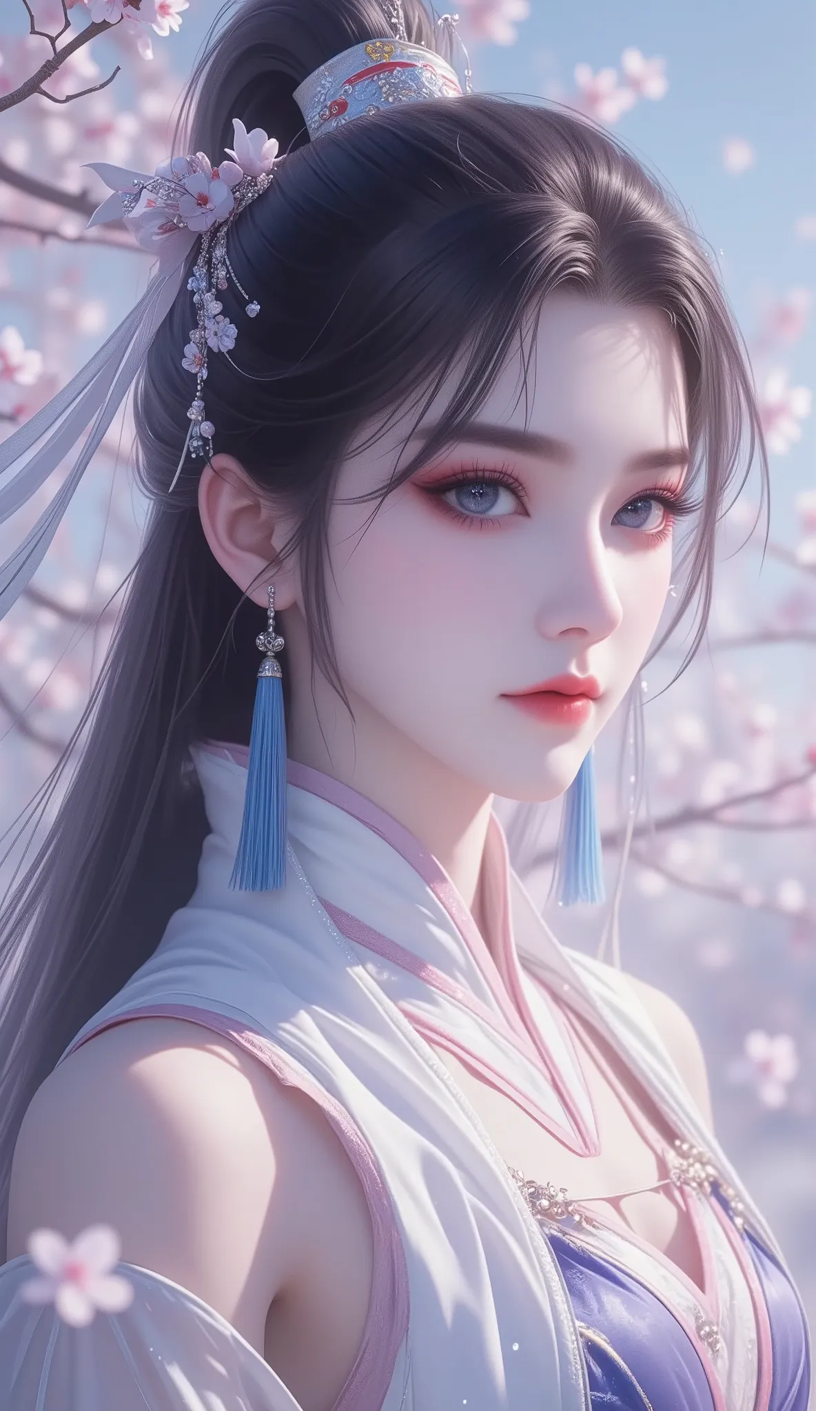 Chinese Fairy Tales character, extremely details, high detailed face, mature woman, milf, extremely busty, cool beauty, living expressions, (cold gaze, cold eyes, blue eyes), expressionless, gray hair, highlight, high ponytail, parted bangs, dark hair, shi...