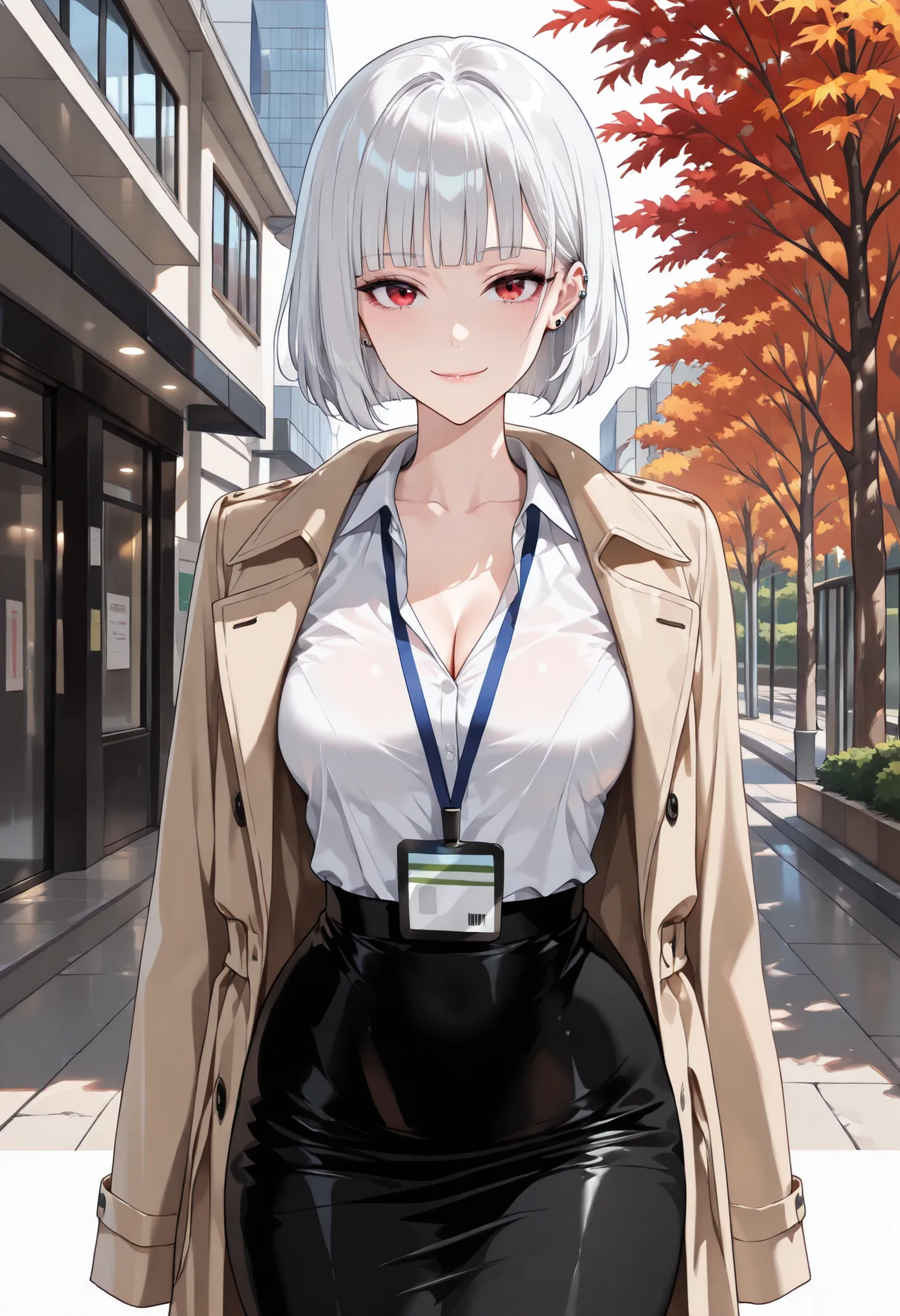 high res image, Beautiful girl with slim body, (masterpiece, detailed:1.2), (1girl:1.4), goth girl, (white hair, bob cut, blunt bangs), (earrings, ear piercings), (dynamic poses), looking at viewer, (enjoyed, light smile), (red eyes, detailed eyes), Beauti...