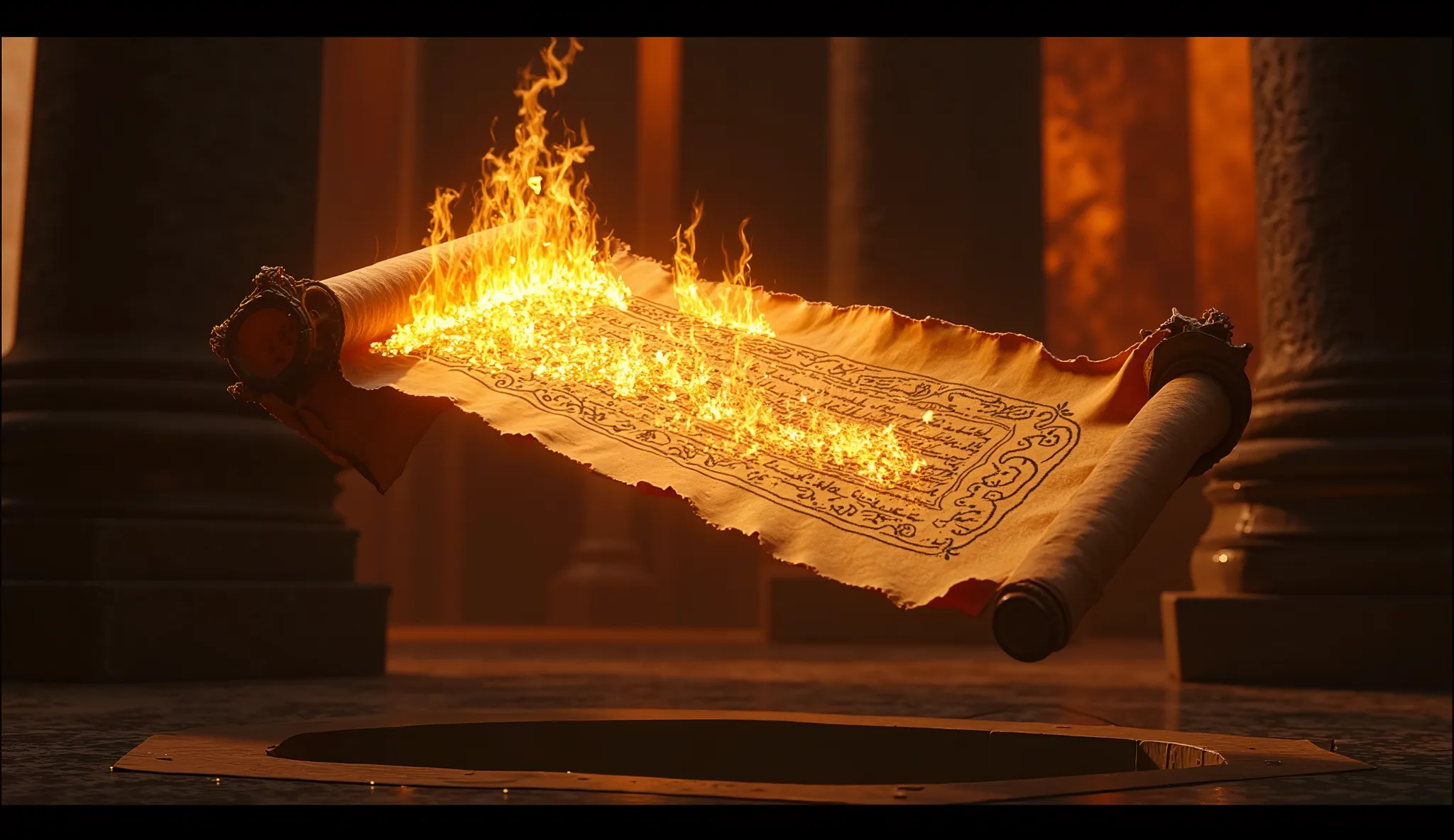 1950s,An ancient scroll floating mid-air, on fire but still intact, with inscriptions glowing, untouched by the flames.