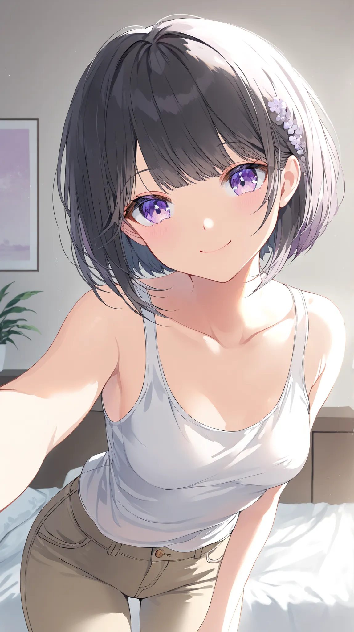 korean young woman, very short black hair made into elegant and cute hairstyle, light purple eyes, small round face, cute smile, small breasts, wearing white tank top and light brown jeans, background is her room in her apartment