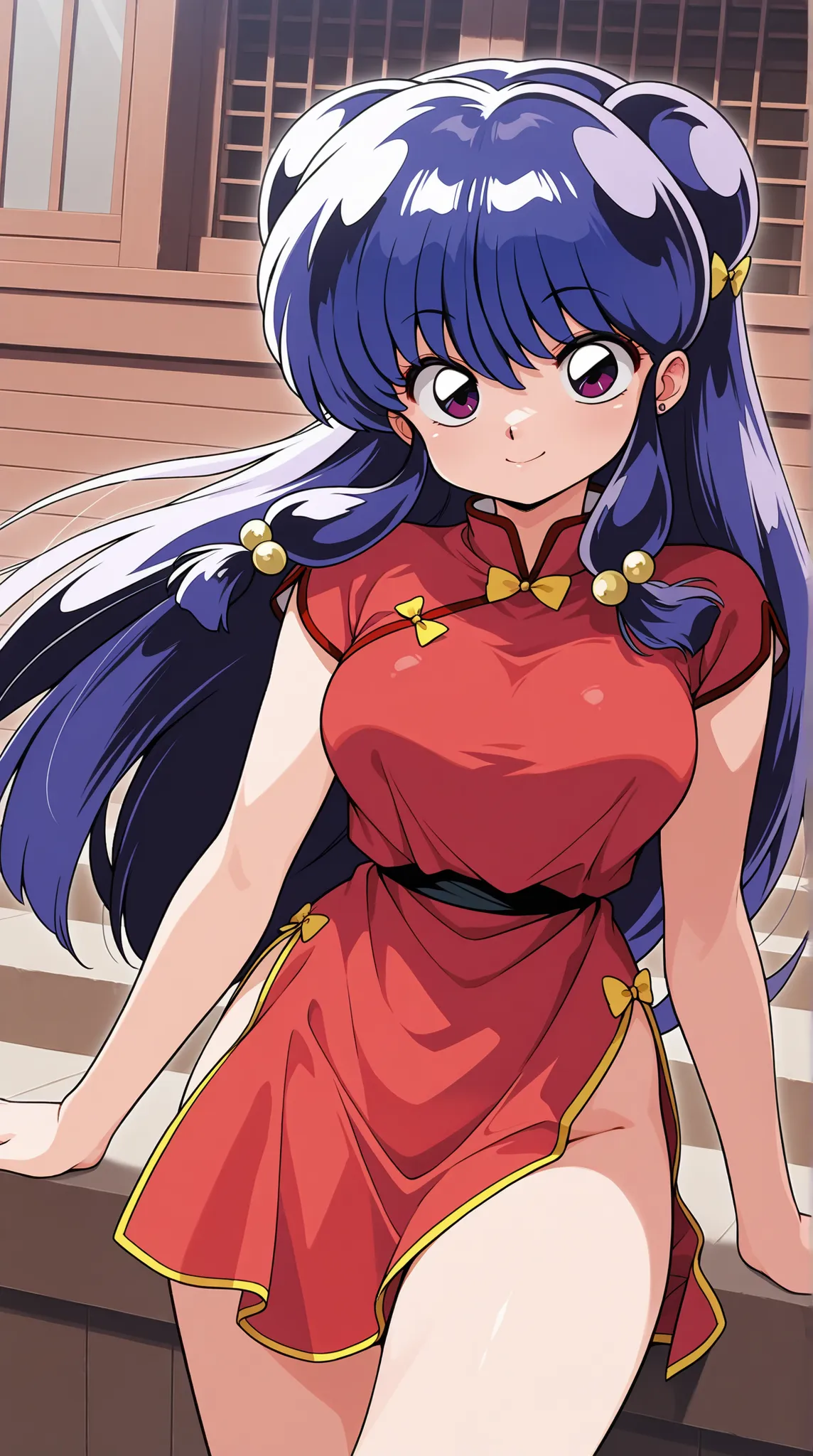 masterpiece, Higher quality , high resolution, debt , girls, Alone , PURPLE EYES, purple hair,  hair bun, campaign,  double bow, jingle campaign, Long Hair,  chest, Smile, hit, hair ornament, bow, Side lock, shampoo (Ranma 1/2), Dress, Chinese clothes, red...
