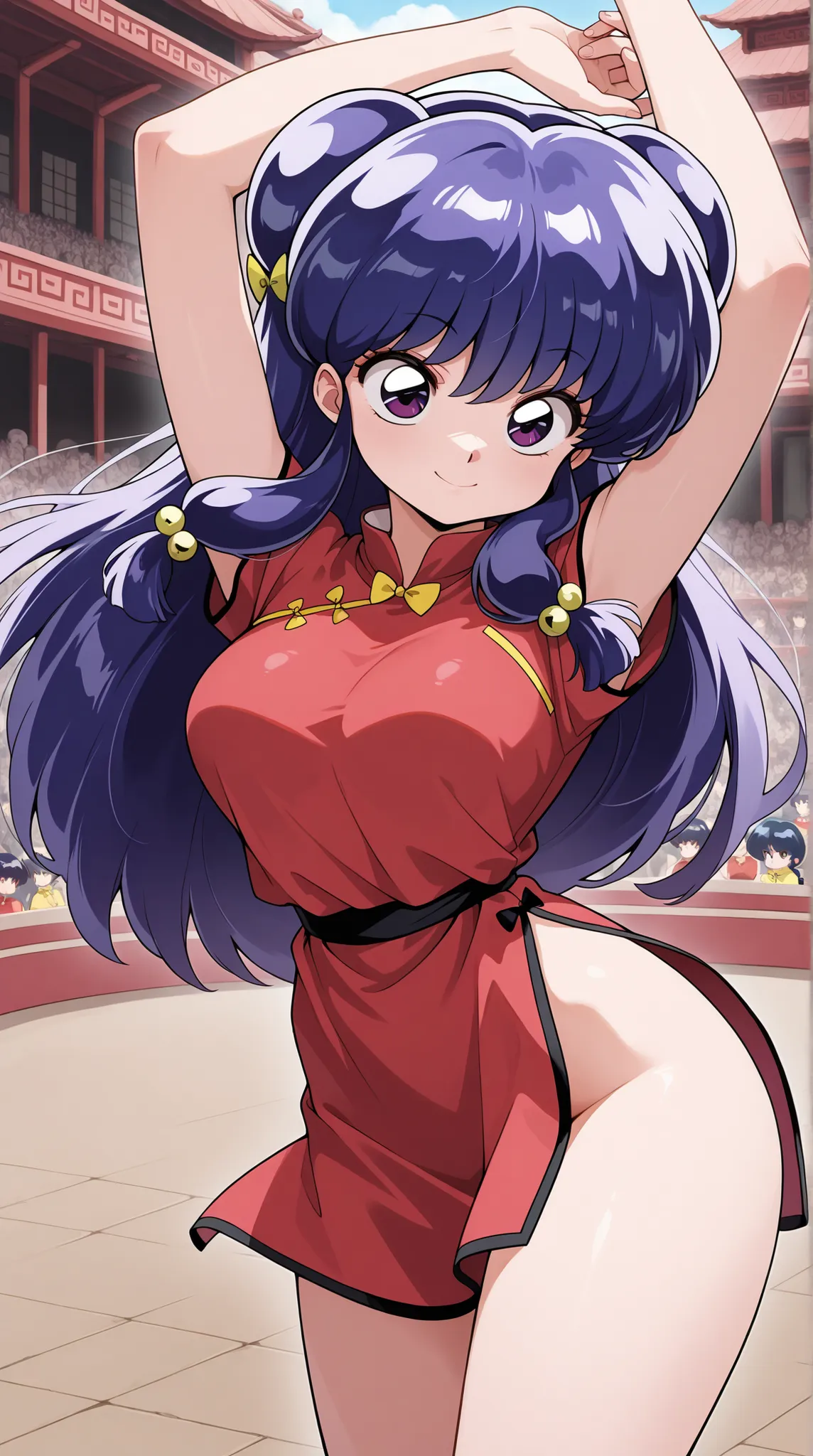 masterpiece, Higher quality , high resolution, debt , girls, Alone , PURPLE EYES, purple hair,  hair bun, campaign,  double bow, jingle campaign, Long Hair,  chest, Smile, hit, hair ornament, bow, Side lock, shampoo (Ranma 1/2), Dress, Chinese clothes, red...