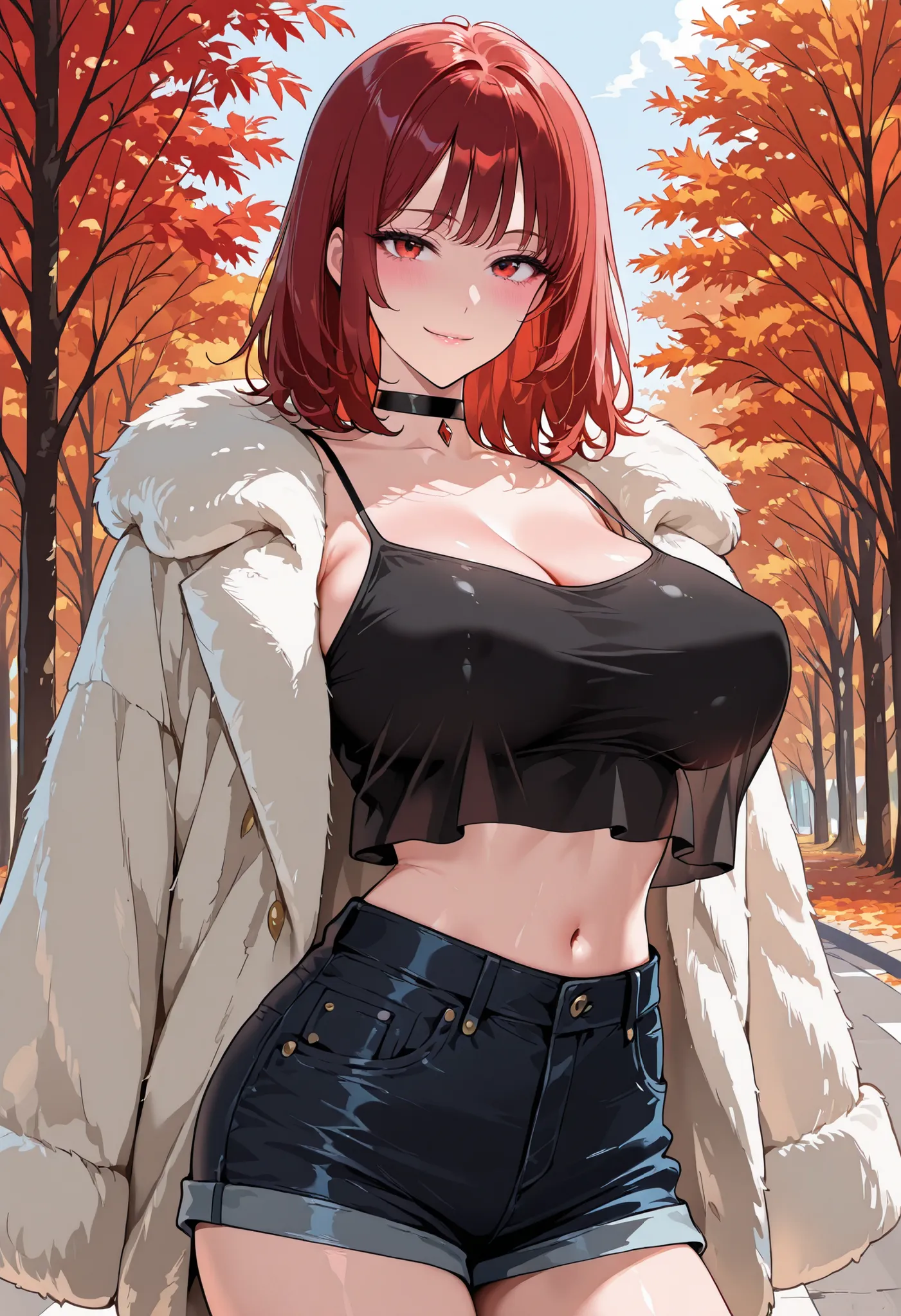 high res image, Beautiful girl with slim body, (masterpiece, detailed:1.2), (1girl:1.4), (red hair, short medium hair, bangs), (dynamic poses), looking at viewer, (blushed, light smile), (red eyes, detailed eyes, eyelashes), Beautiful eyes, (big perky brea...