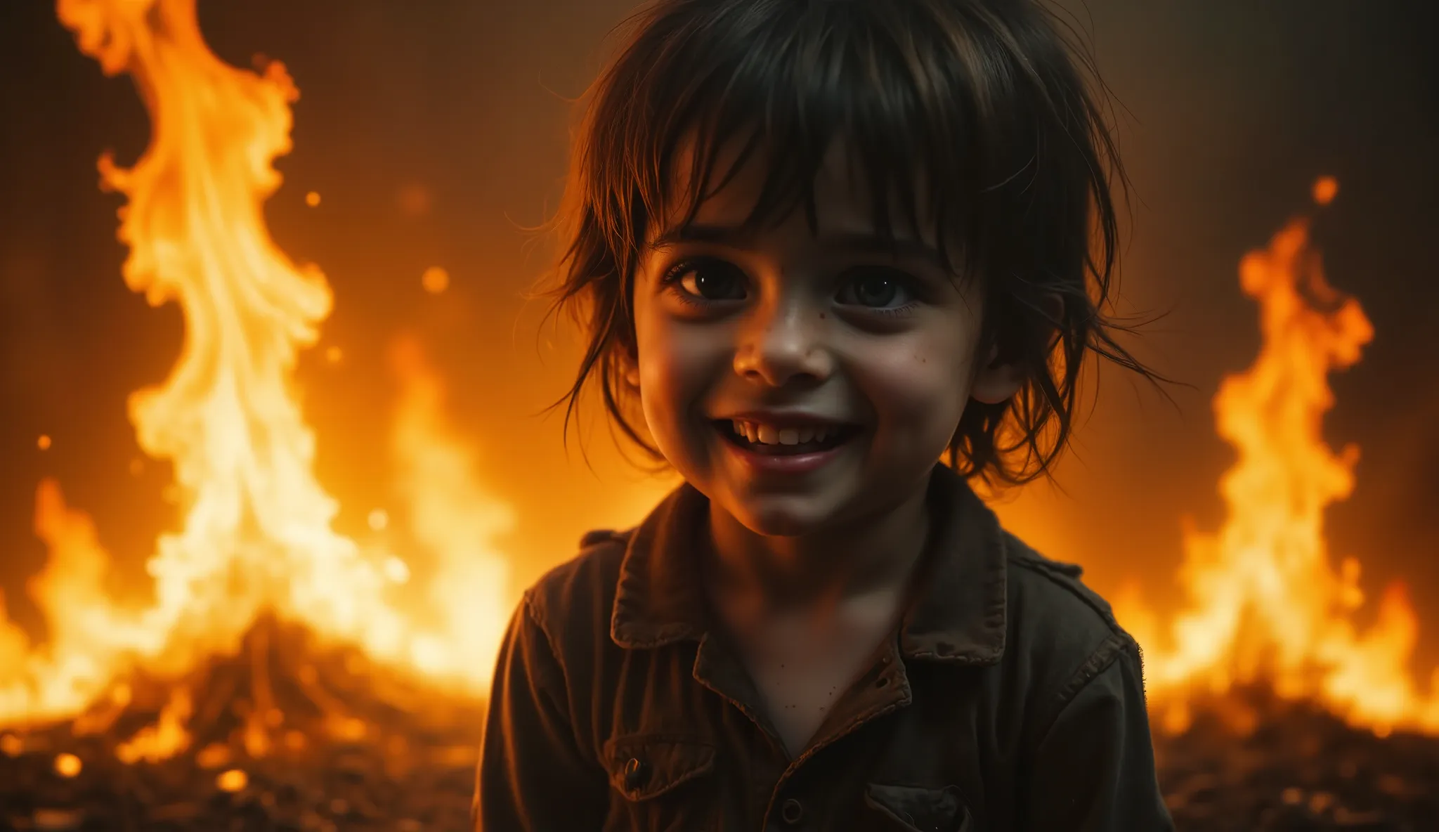 Close-up of Little  barefoot human laughs in an environment of sinister fire