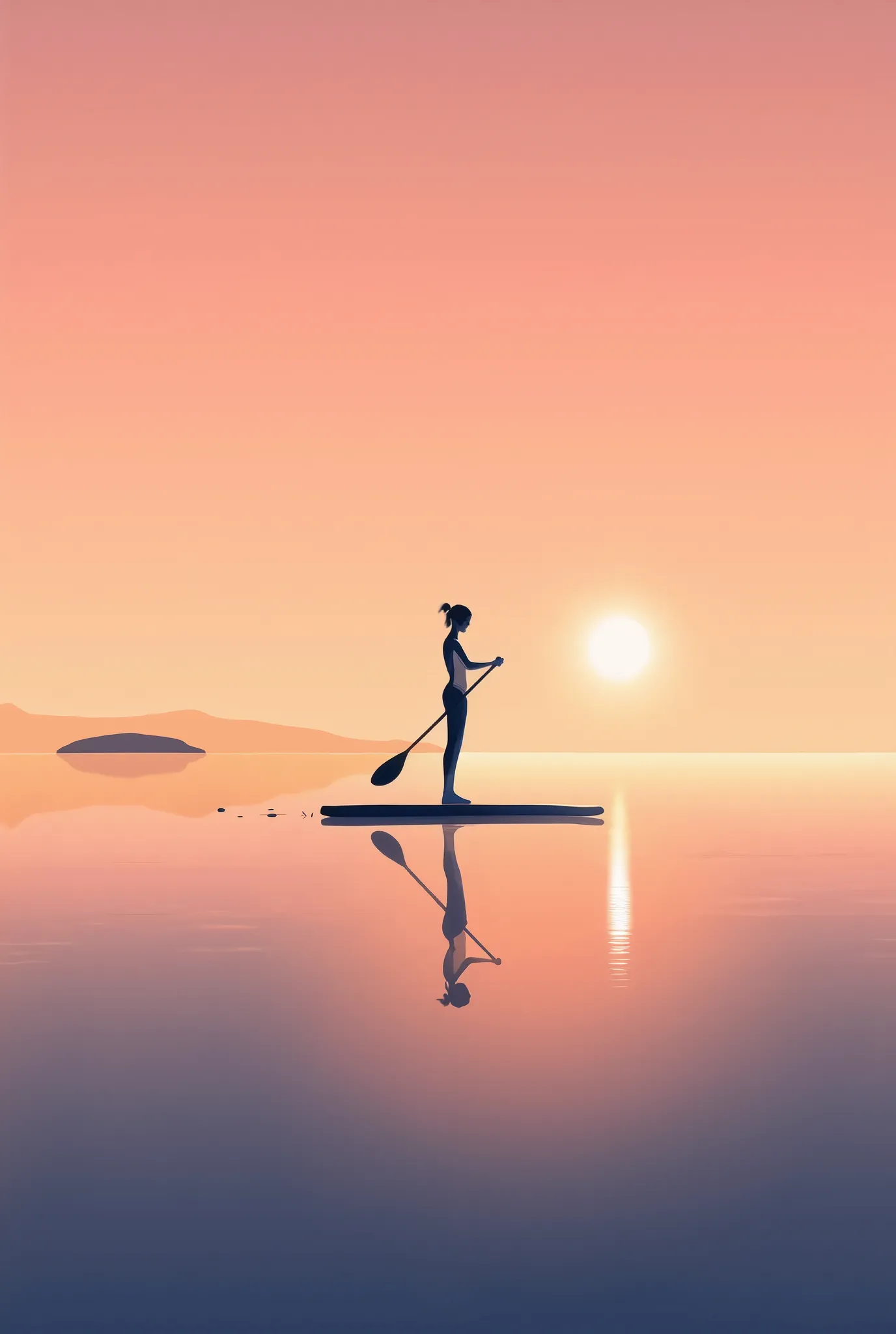 A high-resolution minimalist illustration with a silhouette of a woman riding a paddleboard in the sunset {x}. The entire illustration has a soft film texture, The silhouette is clearly reflected on a calm surface. the sky and sea are colored with warm pea...