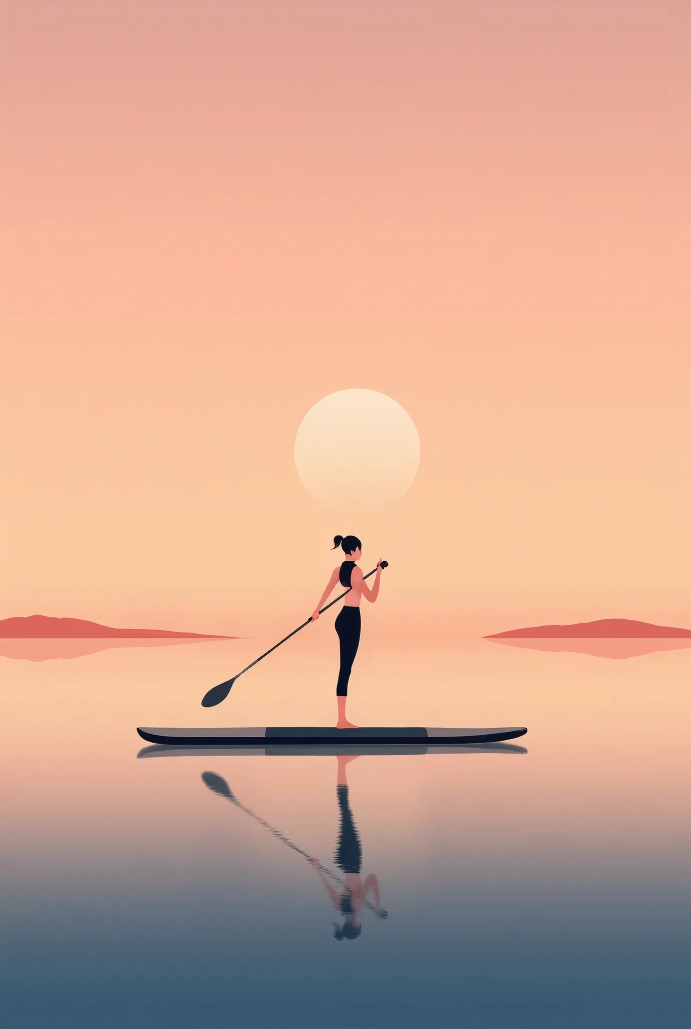 A high-resolution minimalist illustration with a silhouette of a woman riding a paddleboard in the sunset {x}. The entire illustration has a soft film texture, The silhouette is clearly reflected on a calm surface. the sky and sea are colored with warm pea...