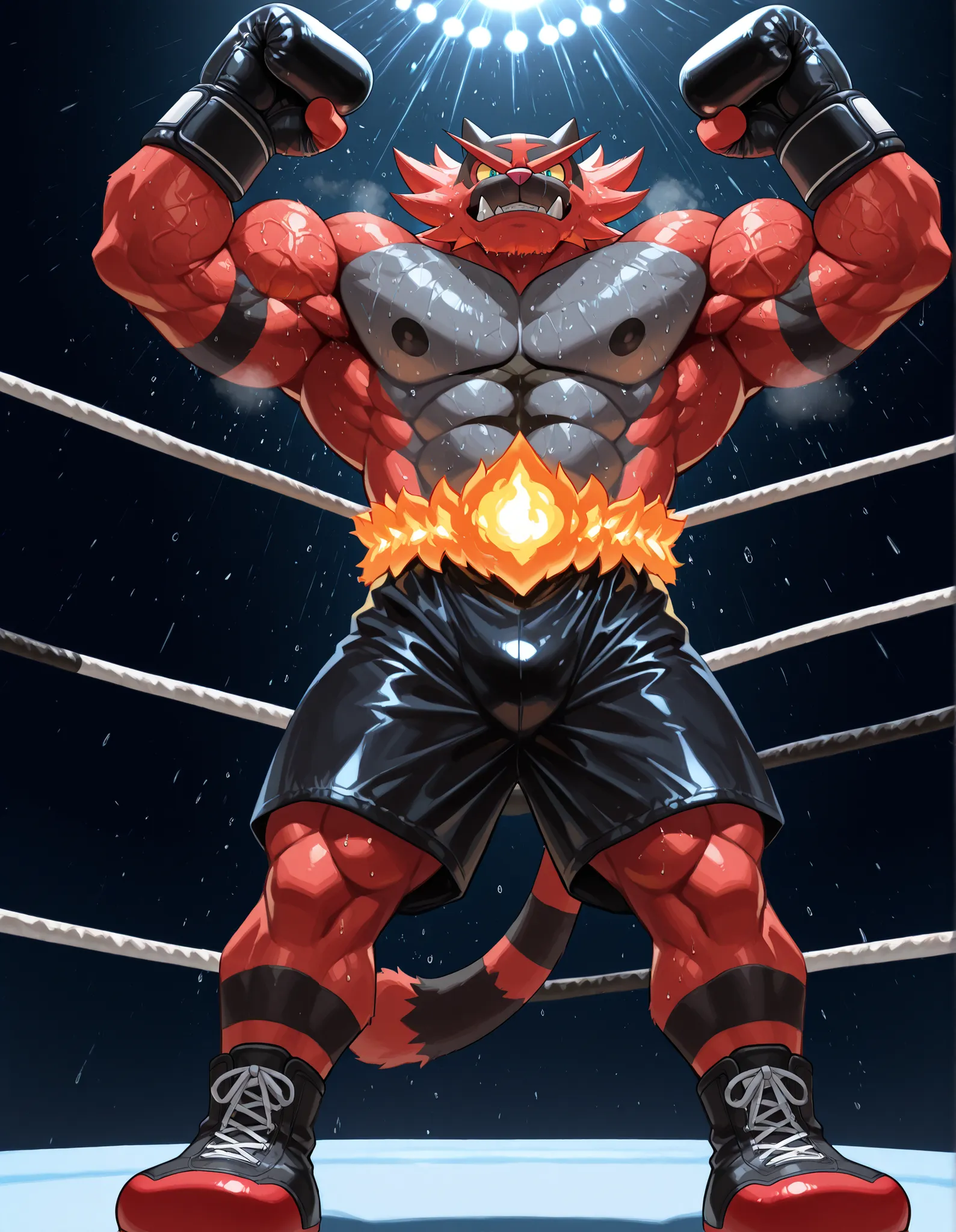 Incineroar, anthro male, high quality, full body, looking down at viewer, looking up from directly below, solo, boxing ring background, black boxing gloves, thick very veiny arms, very veiny muscular, black boxing shorts, black boxing shoes, heavyweight bo...