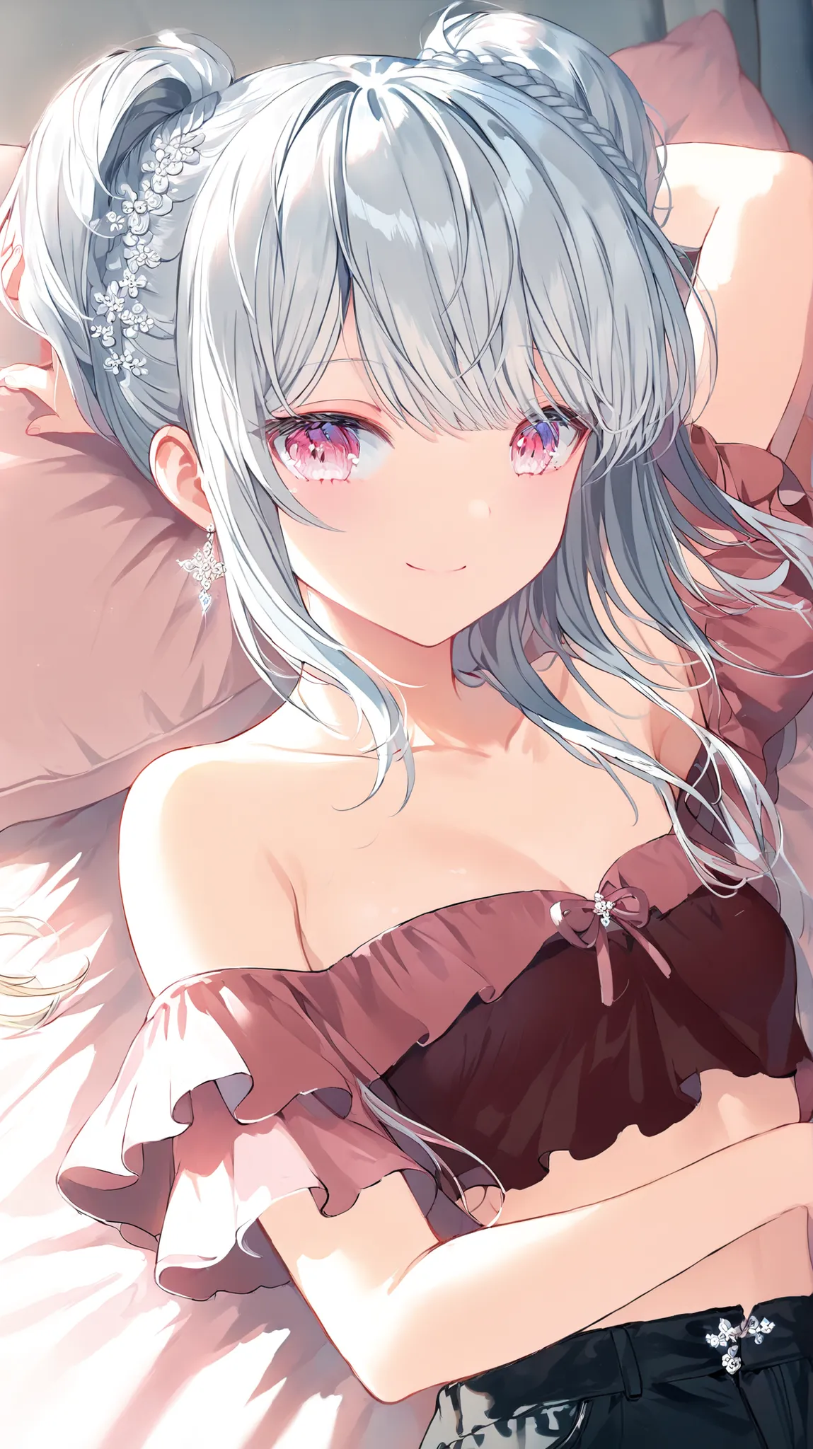 korean young woman, long silver hair with little bit of white hair made into elegant and cute hairstyle, light pink eyes, small round face, cute smile, small breasts, wearing dark red off-shoulder top and black jean shorts, background is her room of her ap...