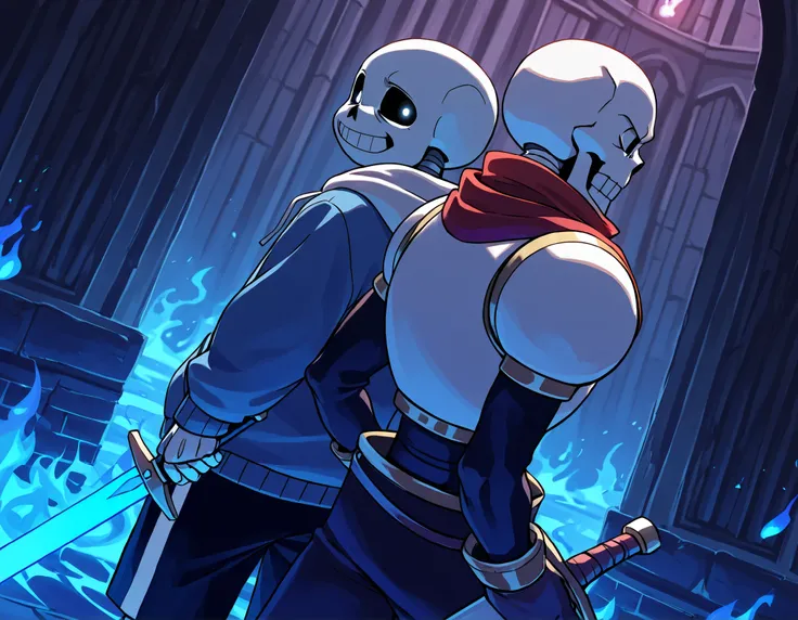 Sans and Papyrus from Undertale, back to back, surrounded by monstrous worms. Papyrus carries a double-handed sword while Sans smiles carefree, his eye glowing with blue flames. The background is a destroyed monastery. Dynamic angle, action scene.