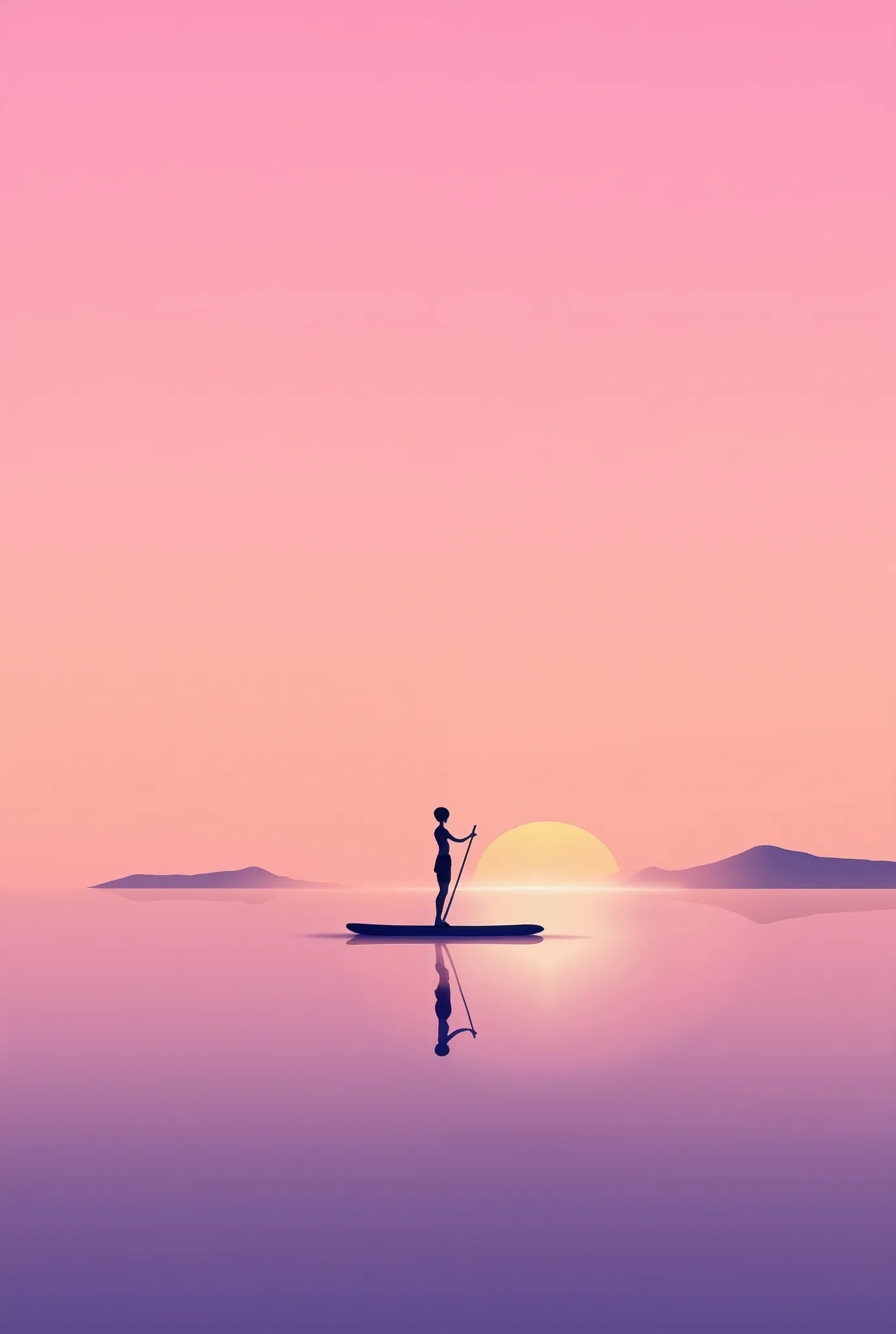 A high-resolution minimalist illustration with a silhouette of a woman riding a paddleboard in the sunset {x}. The entire illustration has a soft film texture, The silhouette is clearly reflected on a calm surface. The sky and sea are warm peach and pink,C...