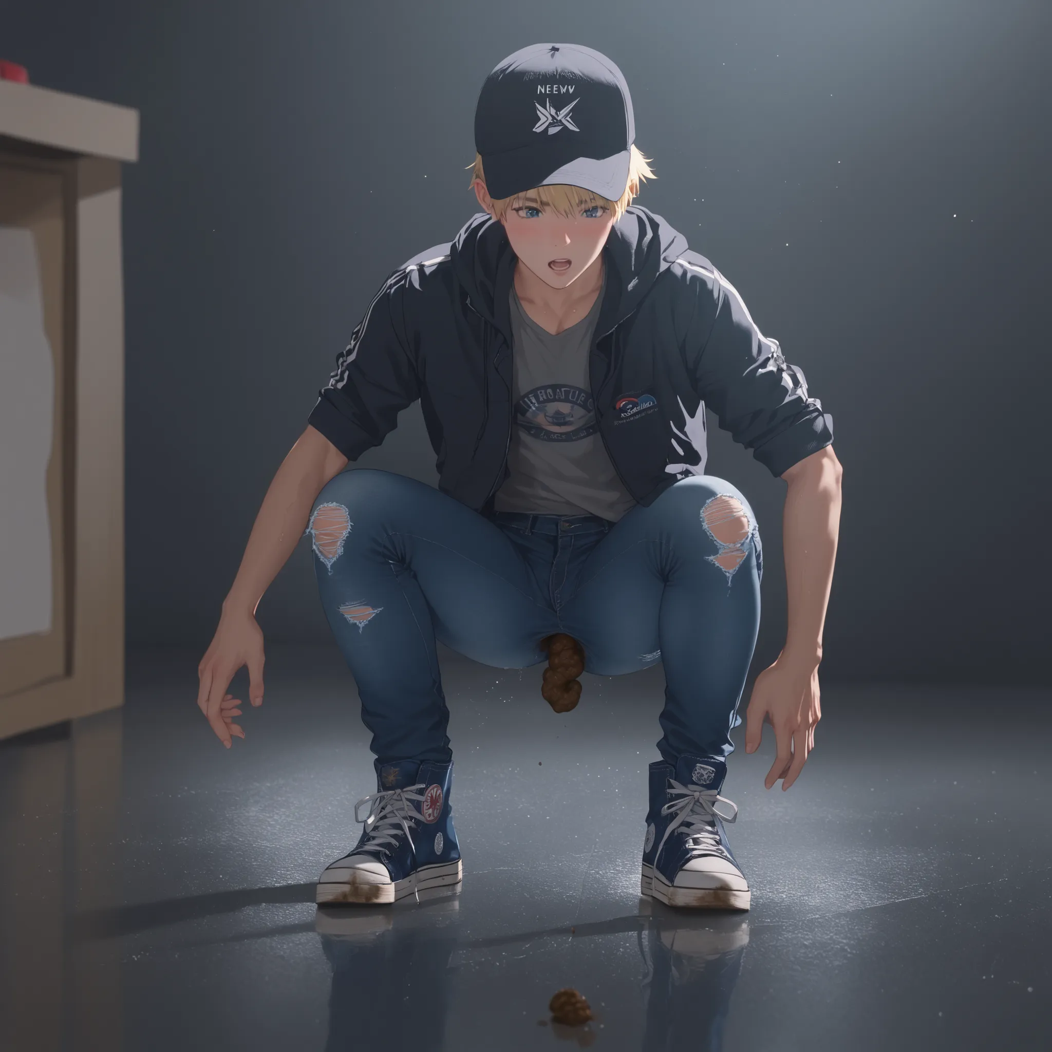 score_9, score_8_up, score_7_up, score_6, (masterpiece), best quality, Slim sporty boy 1boy, wearing hoodie, 1boy, (is squatting, Legs lowered :1.1), (((Panty Poop ,nsfw, ass with poop)), internal, 1boy, blonde hair, (short bob, crew cut,),, wide shoulder ...
