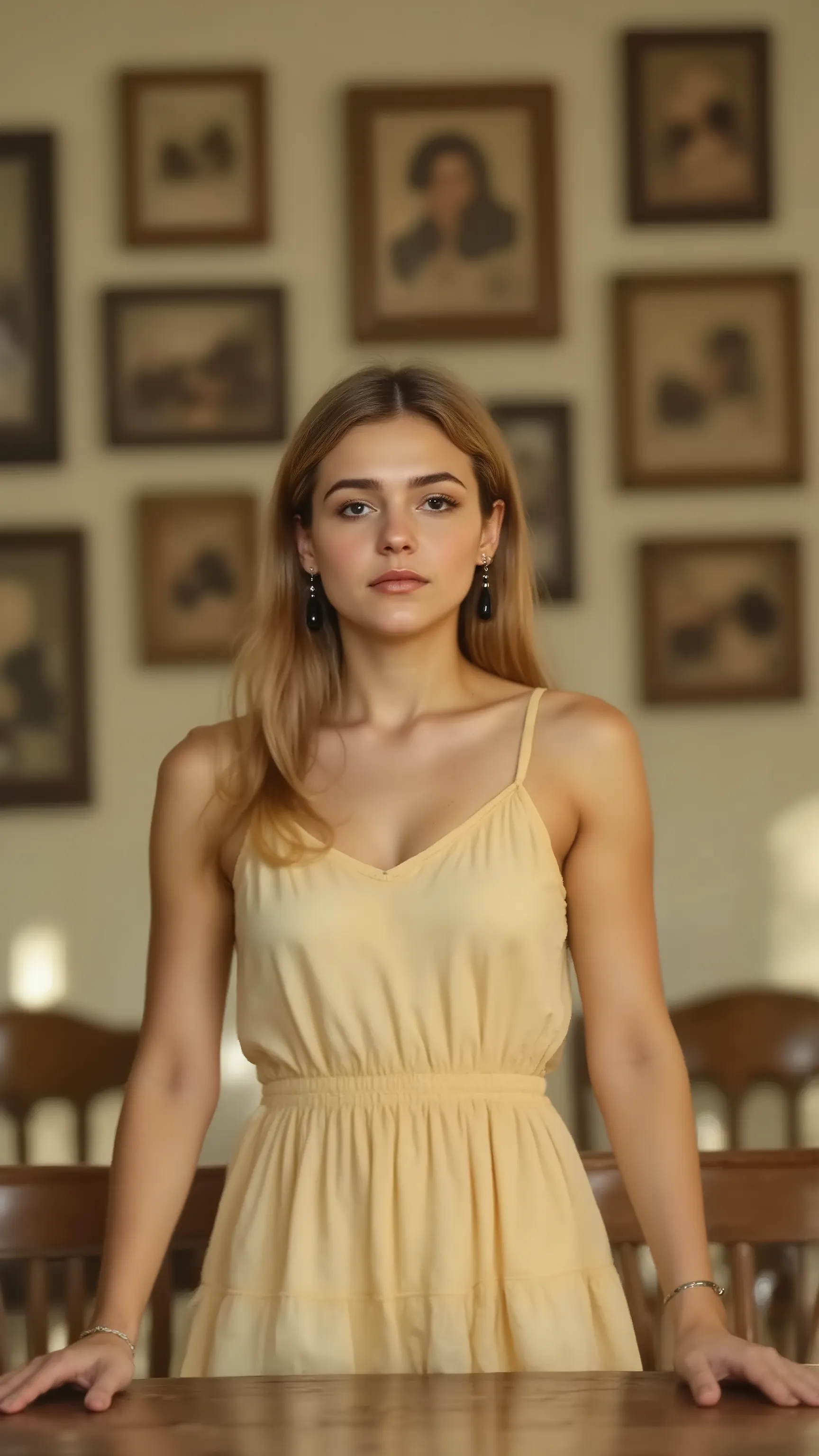 A 25-year-old slender female named Kira with elegant posture, light golden-brown straight shoulder-length hair with center part, oval face with defined cheekbones, medium-sized hazel eyes, natural arch eyebrows, straight nose, and fair skin with warm under...