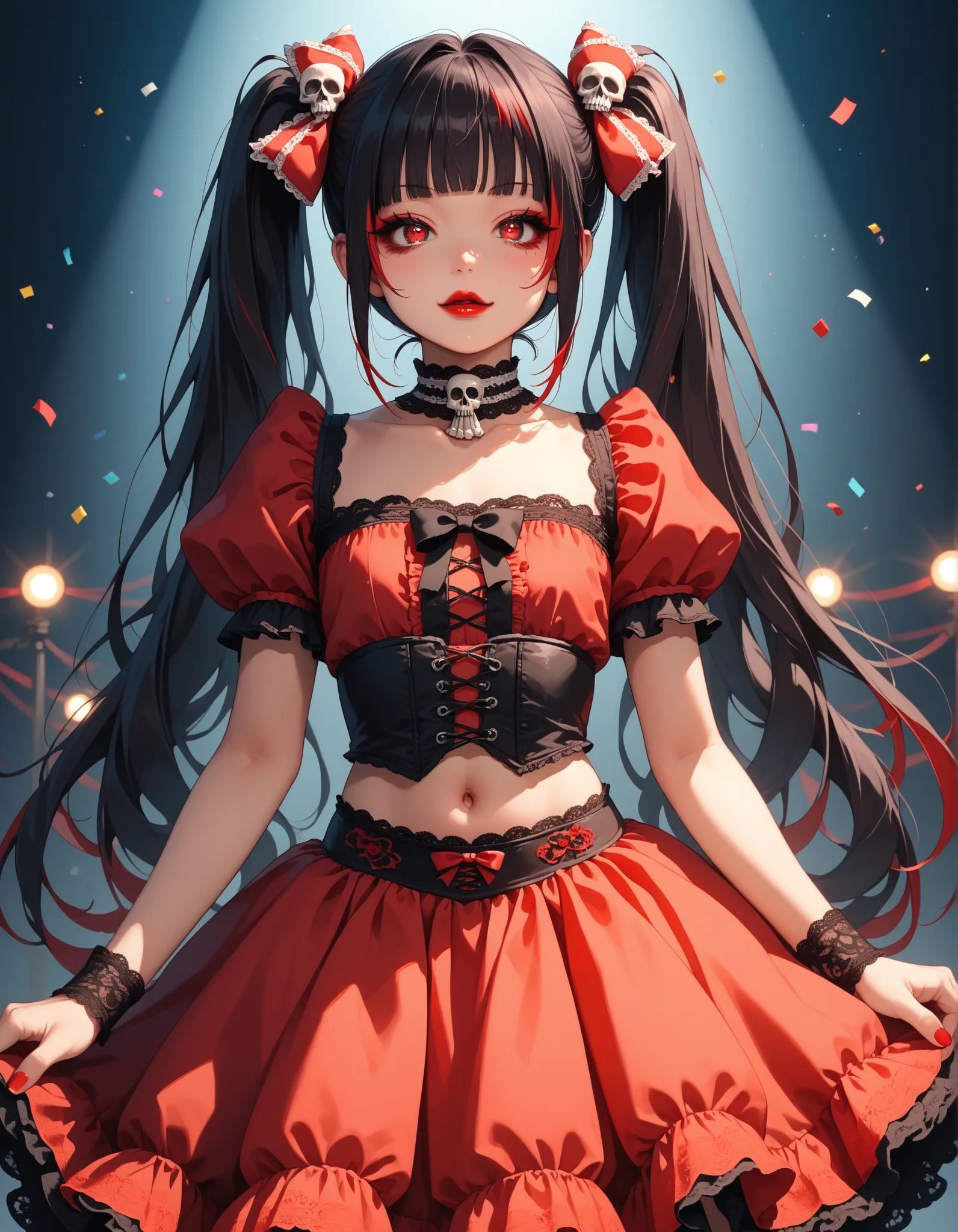 Score_9, score_8_up, score_7_up, score_6_up, source_anime, rating:general, 1girl, long black hair with vivid red streaks, red highlights throughout hair, extremely long twintails, messy twintails, blunt bangs, red eyes, Sanpaku eyes, pale skin, round face,...