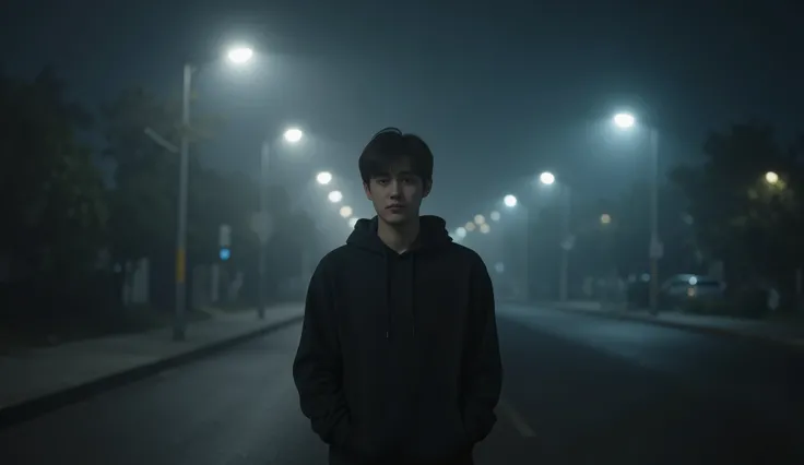 A young man stands alone on an empty street at night, surrounded by soft fog and dim streetlights. The atmosphere is cinematic and moody, with a dreamy haze and long shadows. He looks distant, wearing a hoodie with hands in pockets. Mood: quiet, reflective...