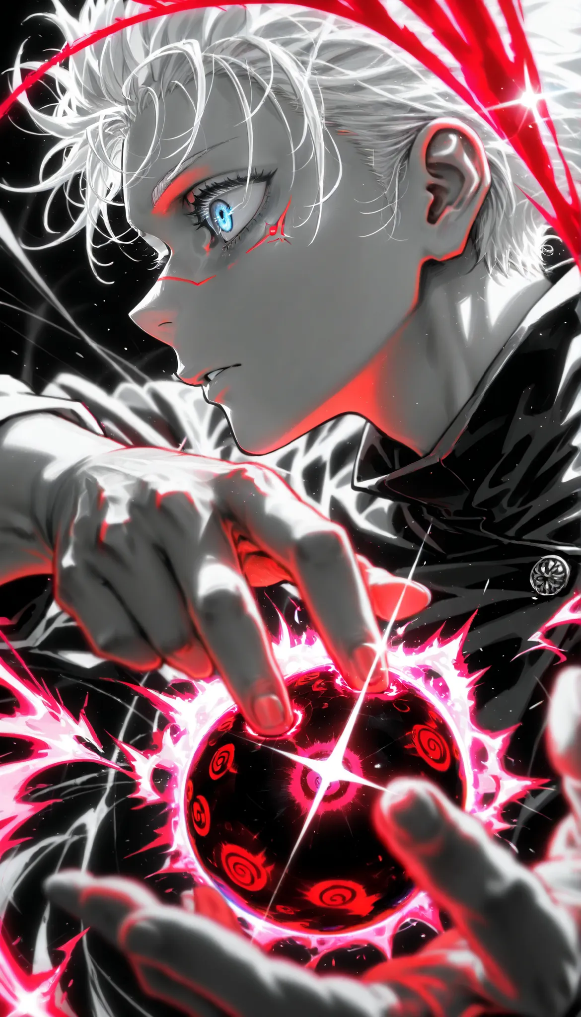  depth of field, high definition image,a lot of details,Gojo de Jujutsu Kaisen ,white hair,blue eyes,red energy ball on the tip of the finger,(profile)frontal,monochrome,grayscale,red energy on the background,disordered line art,uncontrolled energy, diffraction peaks,