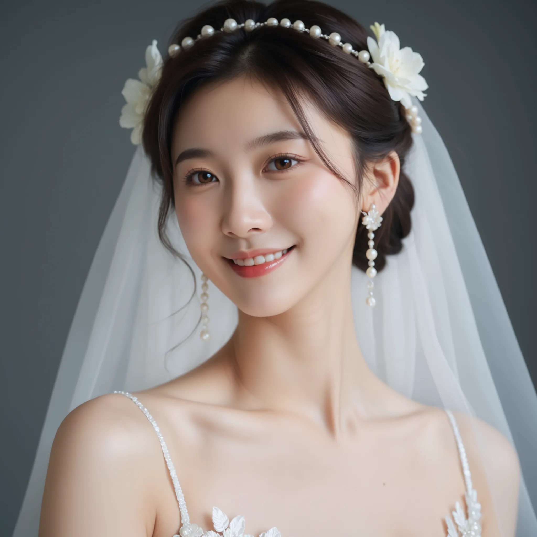 Portrait of a 22-year-old, slightly smiling Asian woman with fair skin and brown eyes, styled as a bride. Her dark brown hair is partially updo, adorned with white flowers and a sheer veil. She wears dangling earrings with geometric shapes and pearl drops....