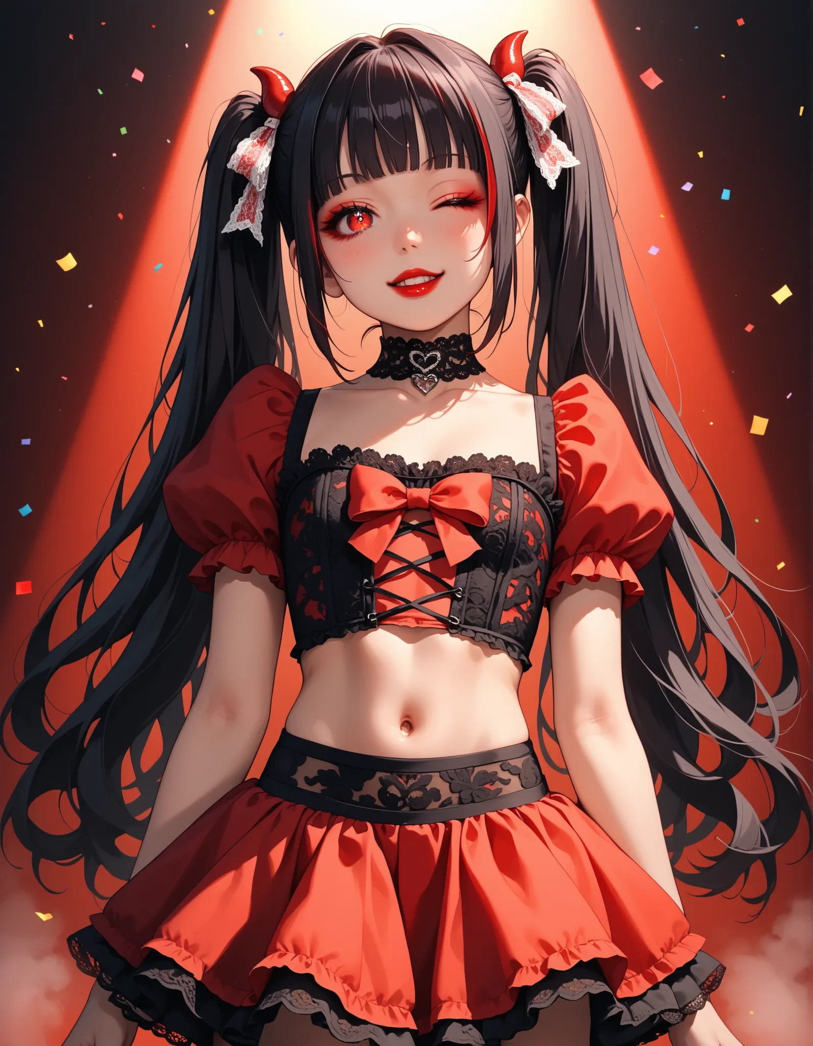 Score_9, score_8_up, score_7_up, score_6_up, source_anime, rating:general, 1girl, long black hair with vivid red streaks, red highlights throughout hair, extremely long twintails, messy twintails, blunt bangs, red eyes, Sanpaku eyes, pale skin, round face,...
