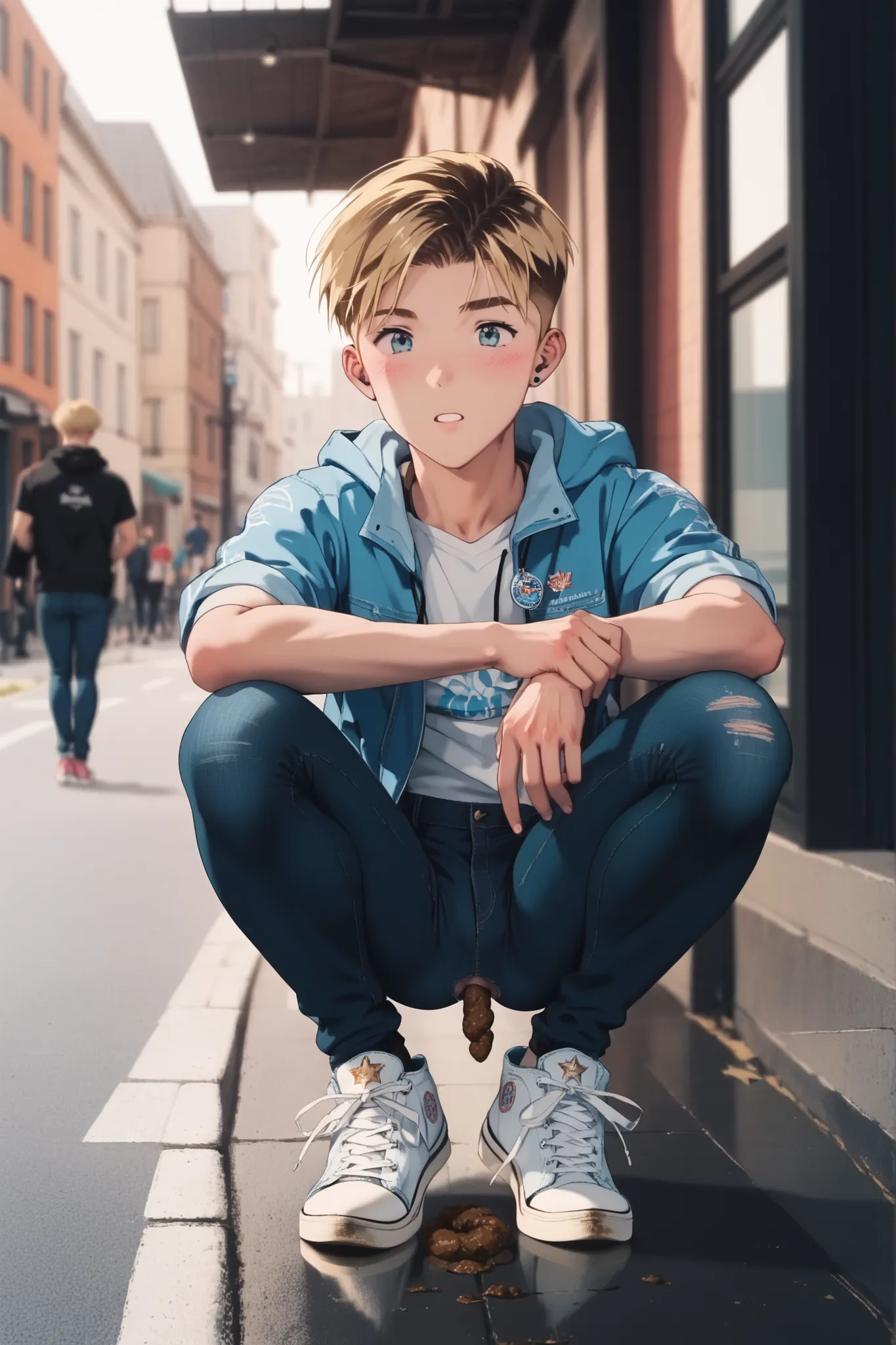 score_9, score_8_up, score_7_up, score_6, (masterpiece), best quality, Slim sporty boy 1boy, wearing hoodie, 1boy, (is squatting, Legs lowered :1.1), (((Panty Poop ,nsfw, ass with poop)), internal, 1boy, blonde hair, (short bob, crew cut,),, wide shoulder ...