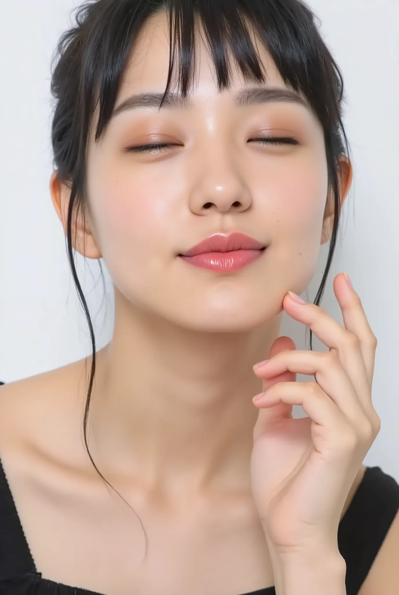 beautiful young woman, eyes closed, cheerful smiling expression, outer corners of eyes lowered, blushing cheeks, black camisole, collarbone visible, natural matte skin with fine texture, tightly puckered lips, lips pushed forward, small round kissy mouth, ...