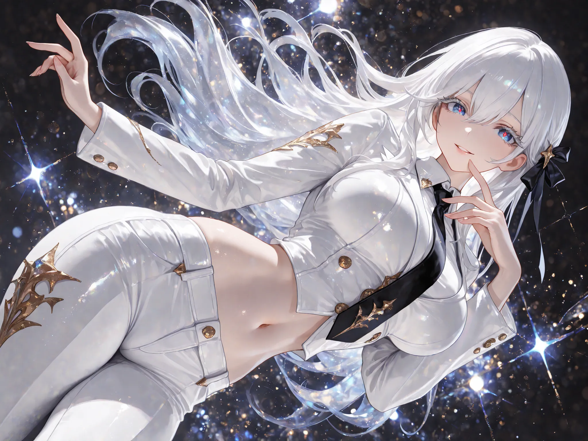 8k, HDR, extremely detailed face and eyes, beautiful face and eyes, perfect hands, good_hands, solo, 1girl, blue eyes, red pupils, white eyelashes, white hair, long hair,hair ribbons, hair between eyes, large breasts, curvy, beautiful, sexy, cool,  short c...