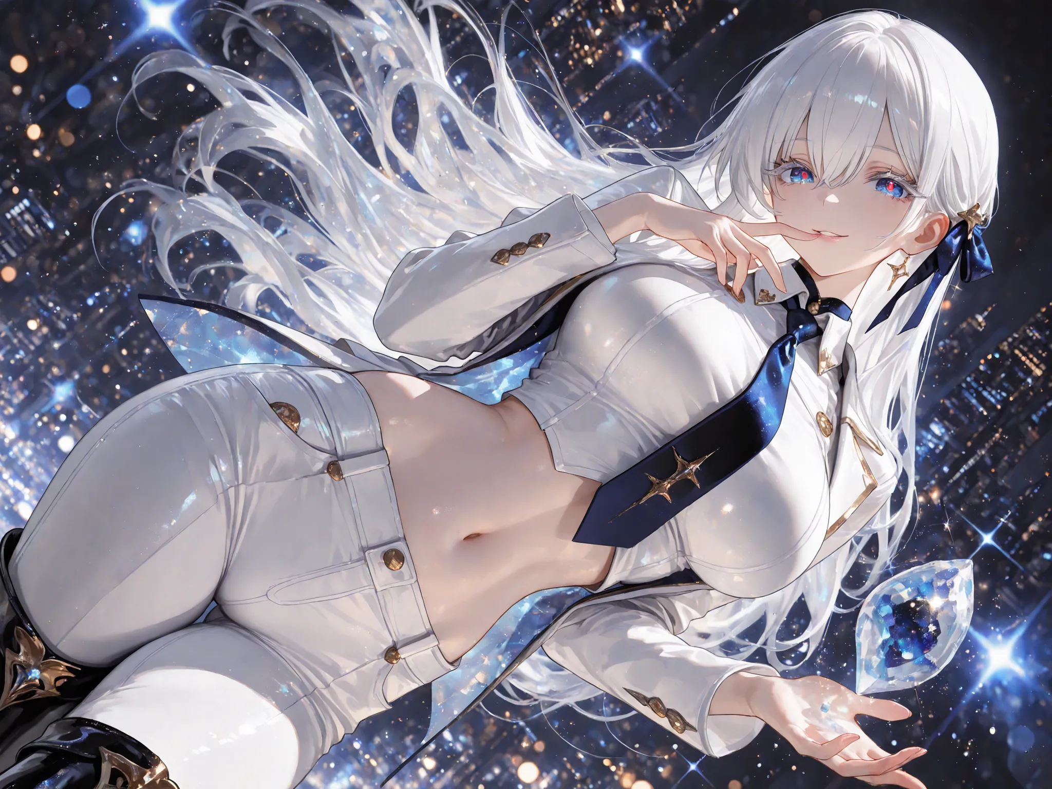 8k, HDR, extremely detailed face and eyes, beautiful face and eyes, perfect hands, good_hands, solo, 1girl, blue eyes, red pupils, white eyelashes, white hair, long hair,hair ribbons, hair between eyes, large breasts, curvy, beautiful, sexy, cool,  short c...