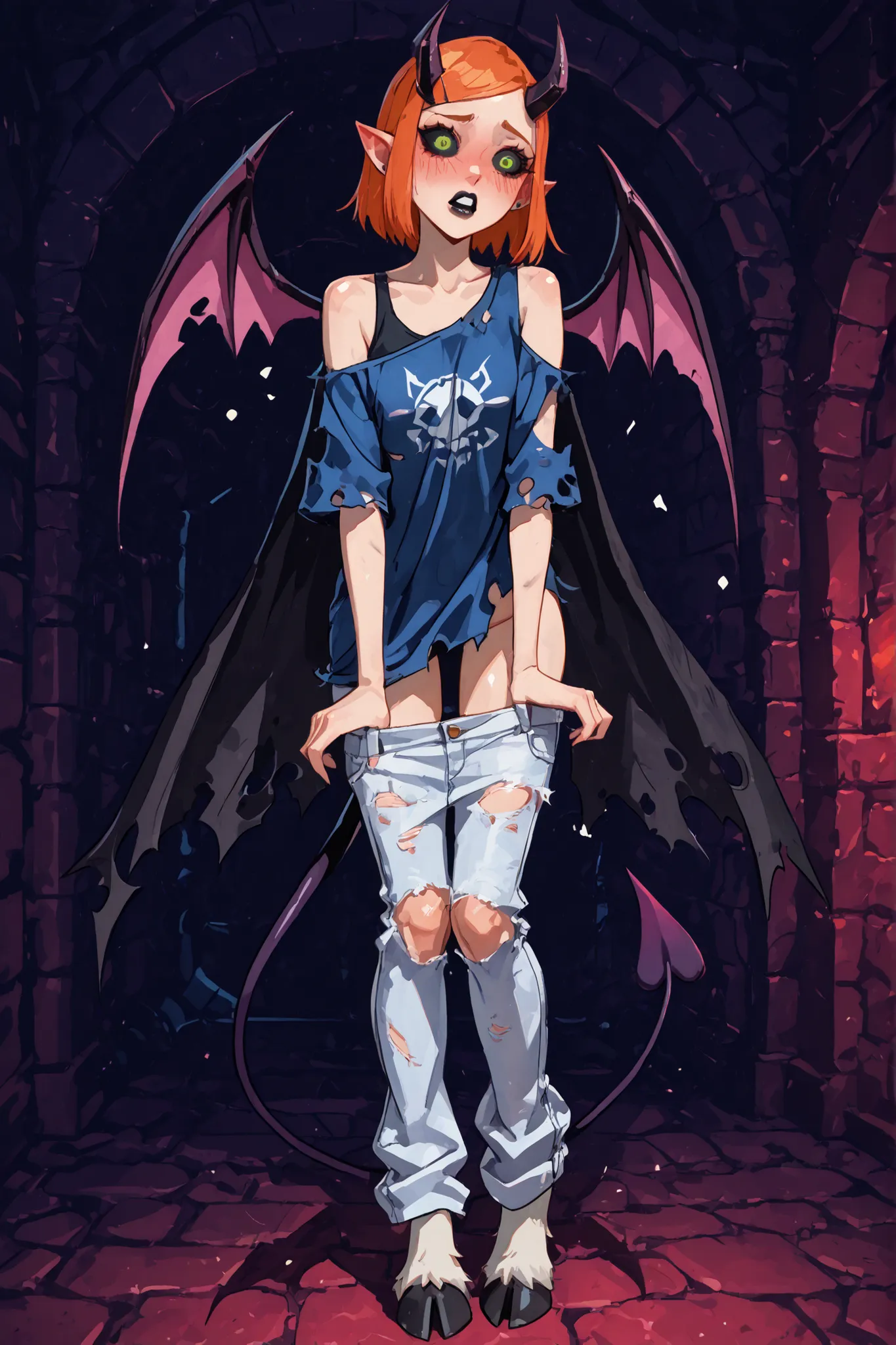 score_9,score_8_up,score_7_up, 1girl, dungeon, Gwendolyn_Tennyson, solo, standing, flying, torn clothes, tattered clothes, bare shoulders, blue shirt, bottomless, transformation, demon girl, short hair, orange hair, pointy ears, green eyes, demonic scales,...