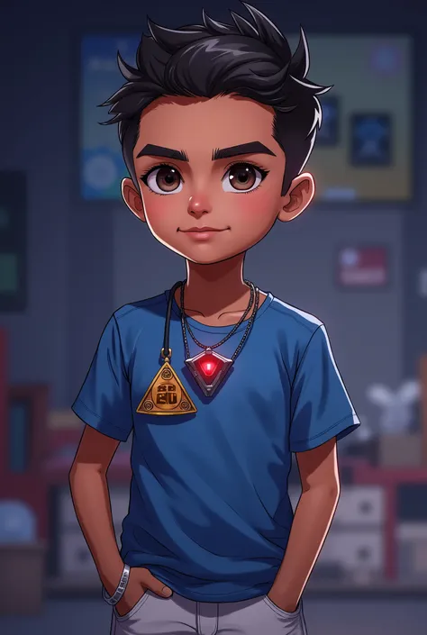 A indian ager boy wearing a ben 10 Omnitrix inspired triangular locket device on his neck, red glow futuristic triangular front, device colour is gold and silver, the boy wearing blue shirt and white pants with white shoes