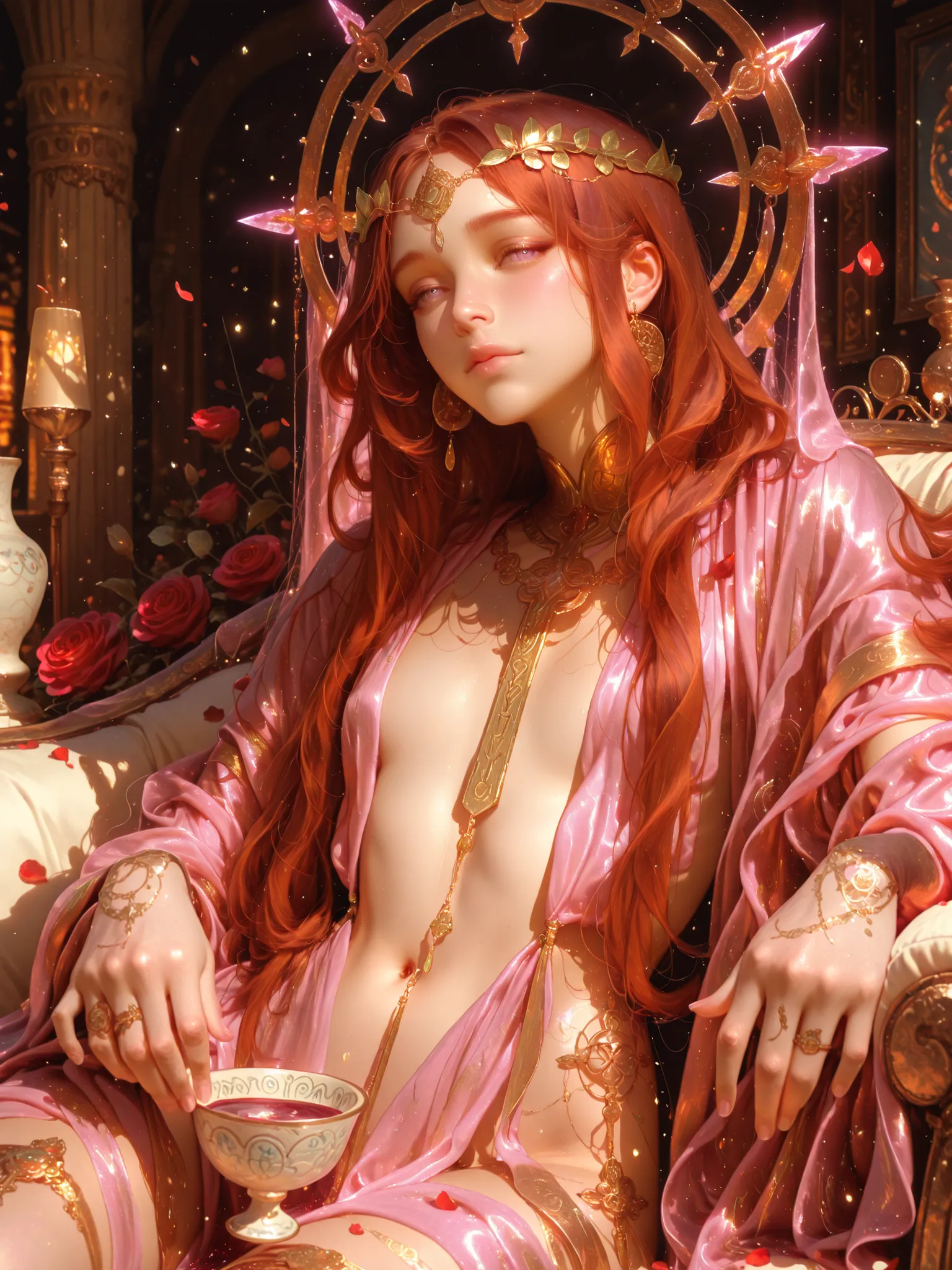 1 girl, A playful, androgynous female demon noble. She is a duchess , seated gracefully. Her hands holds a thick White water as an offering to her. She has long, flowing auburn hair, porcelain skin, and wears a ducal crown adorned with sacred geometry and...