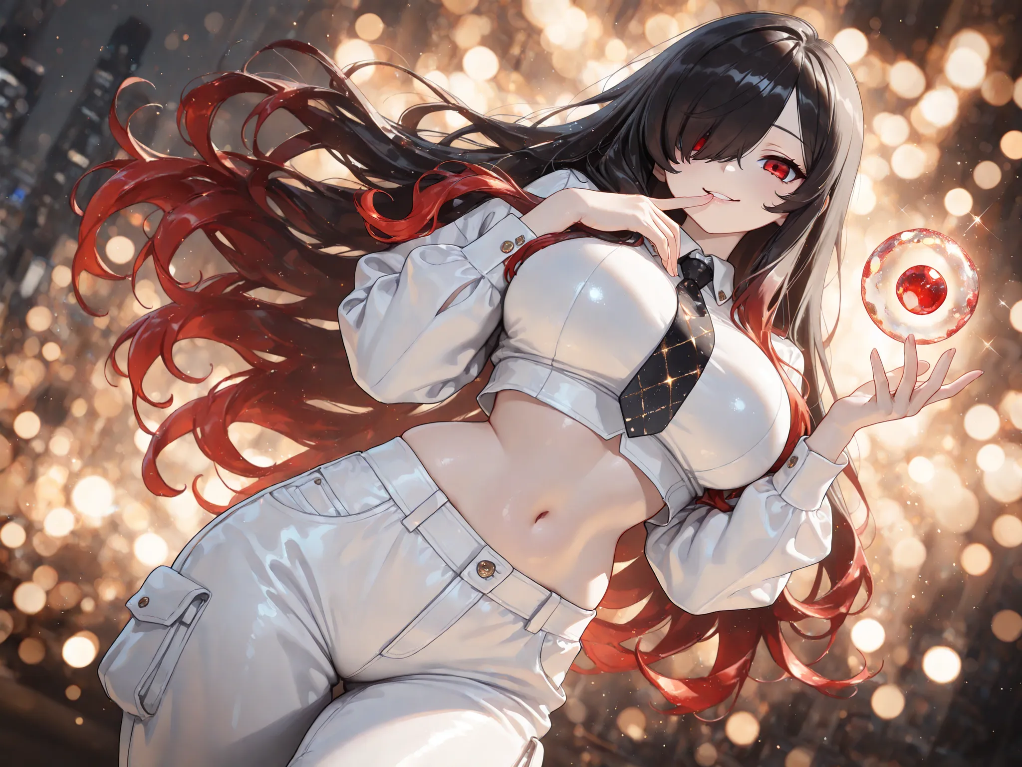 8k, HDR, extremely detailed face and eyes, beautiful face and eyes, perfect hands, good_hands, solo, 1 girl, Kuroki Monika, red eyes, gradient hair, black hair, red hair, long hair, asymmetrical hairline, hair over right eye, ((large breasts)), (petite but...