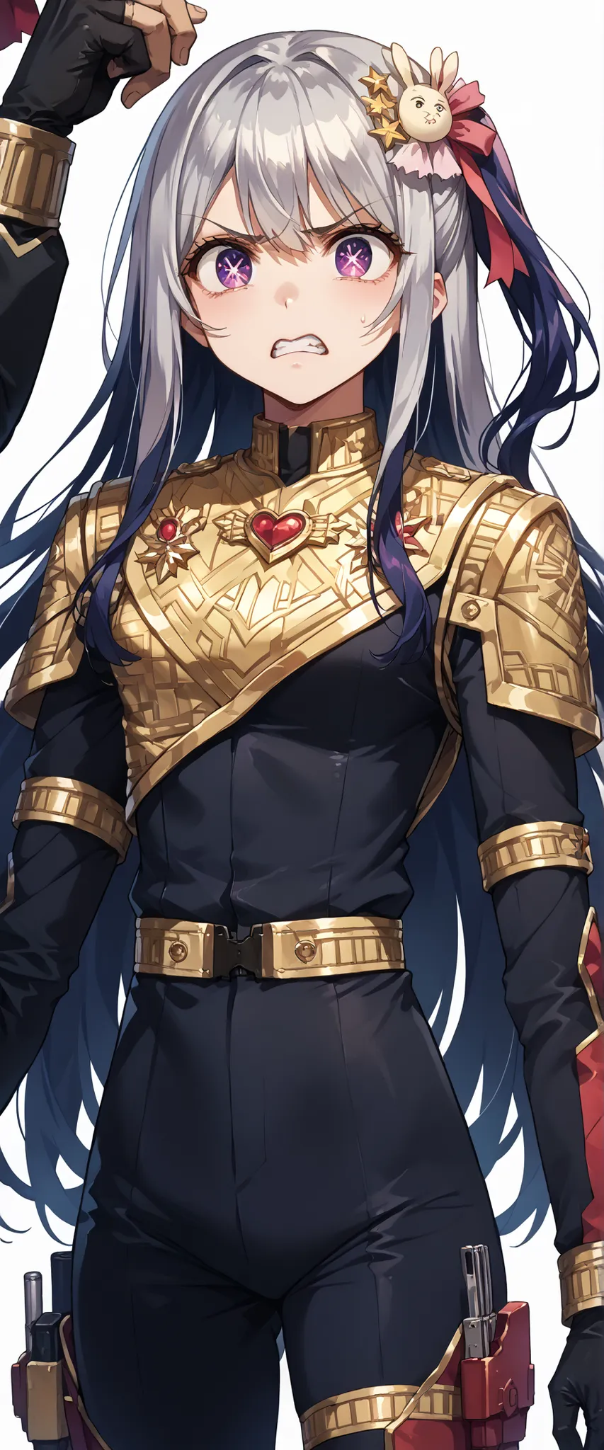 score_9, score_8_up, score_7_up,source_anime,BREAK,
hoshino_ai_oshi_no_ko,
dressed in a body uniform. metallic silver, with deep reds, blacks, or gold accents embodied angry expression