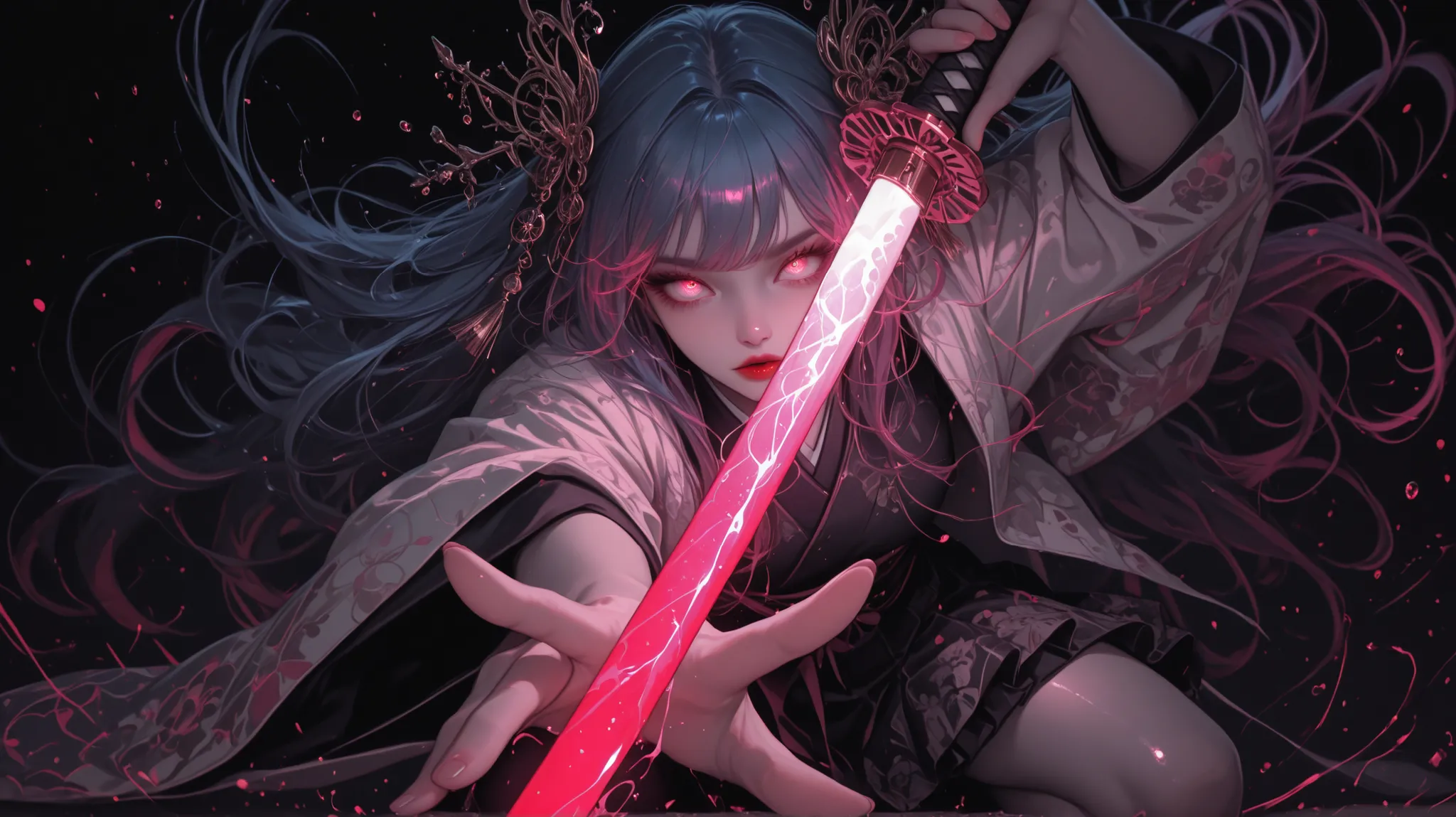 Girl, light jacket, neon color, glossy, glow, shine, She poses playfully on one knee, reaching out with one hand , skirts, more detail, intricate, view from below, back view, Woman, night, dark color pallette, holding katana, shining katana, iluminating ey...