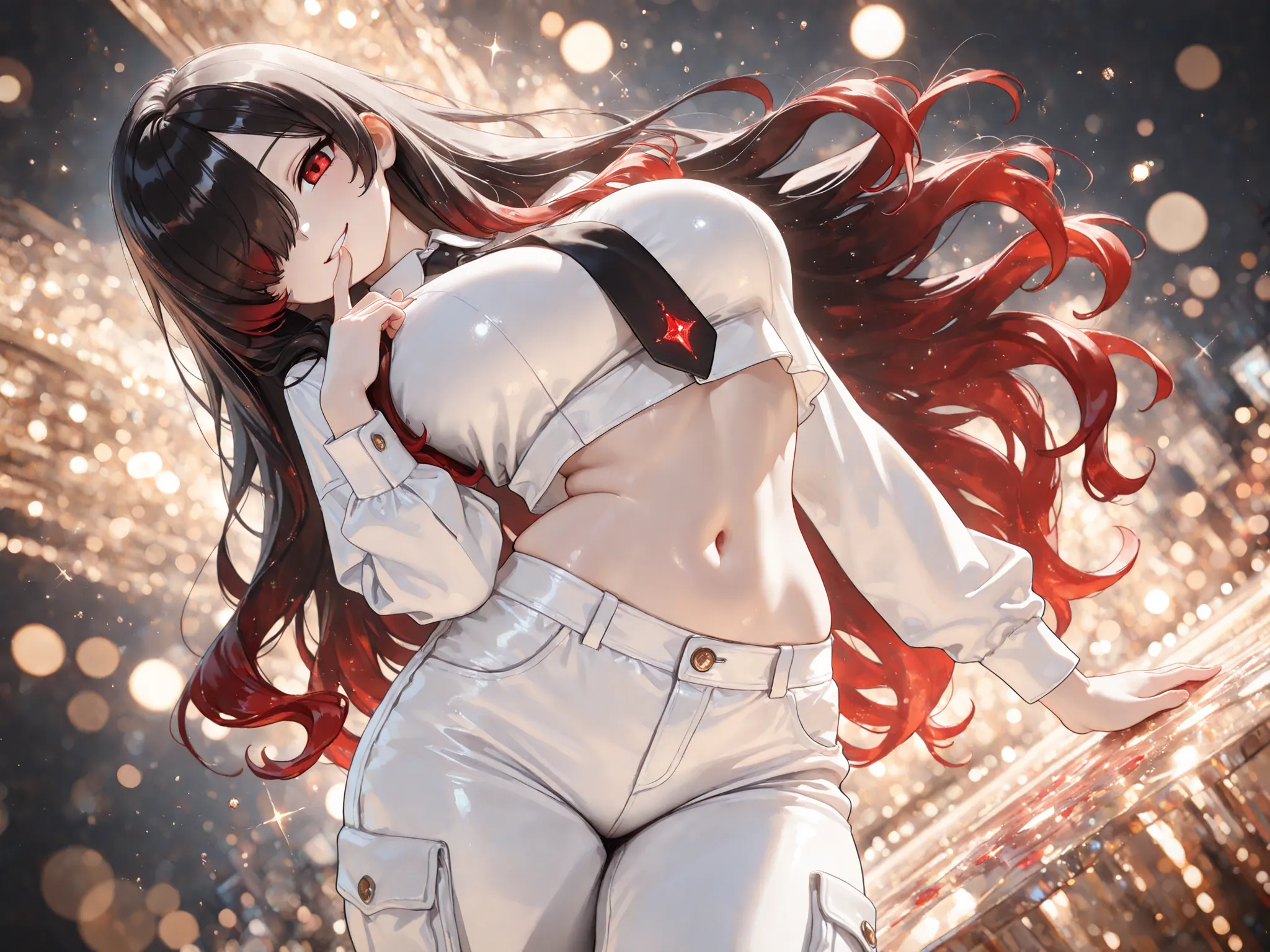 8k, HDR, extremely detailed face and eyes, beautiful face and eyes, perfect hands, good_hands, solo, 1 girl, Kuroki Monika, red eyes, gradient hair, black hair, red hair, long hair, asymmetrical hairline, hair over right eye, ((large breasts)), (petite but...