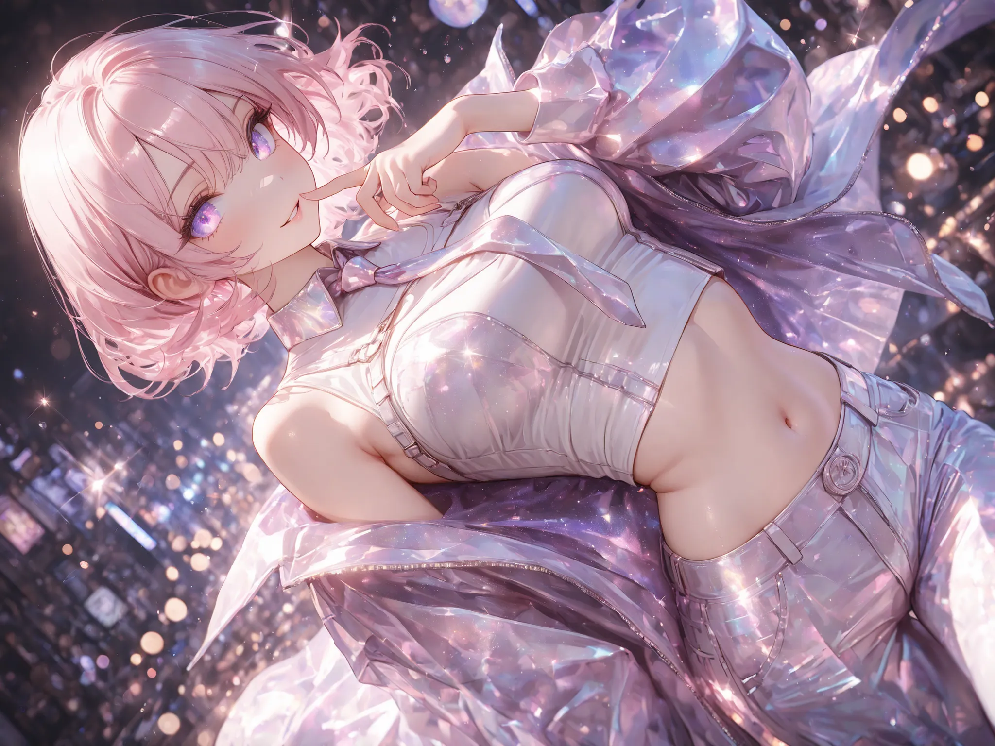 8k, HDR, extremely detailed face and eyes, beautiful face and eyes, perfect hands, good_hands, solo, 1 girl, violet eyes, light pink hair, short hair, cool, beautiful, medium breast, very cute, lovely, kawaii, short cargo pants, white crop blouse with coll...