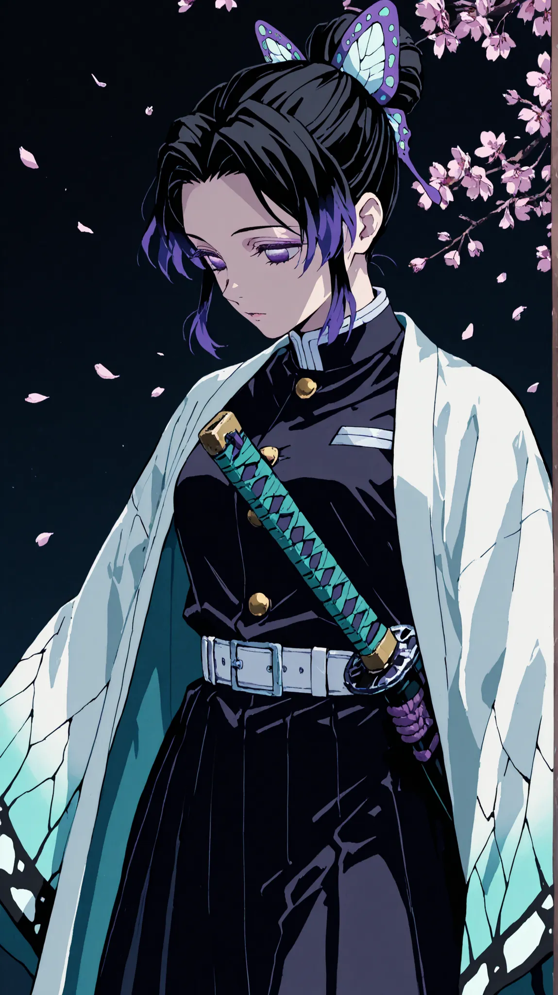 [one sword] [shinobu kocho haori] 8k HD, wallpaper, cinematic, anime illustration, dark theme, anime aesthetic, Semi close up, 1 girl, shinobu kocho, black hair with purple highlights, 1 ponytail bun with 1 butterfly ornament, 1 hair bun, standing pose, da...