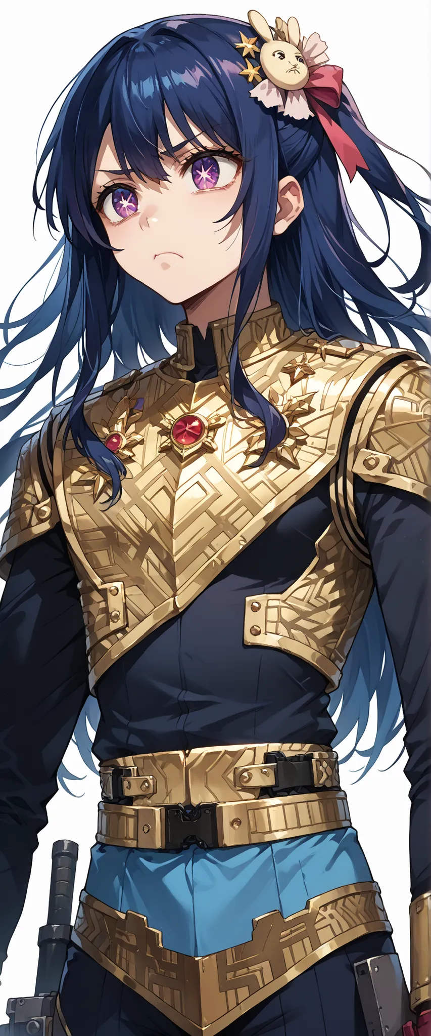 score_9, score_8_up, score_7_up,source_anime,BREAK, solo 1
hoshino_ai_oshi_no_ko, with blue hair
dressed in a body uniform. metallic silver, with deep reds, blacks, or gold accents embodied deadpan sly bored expression