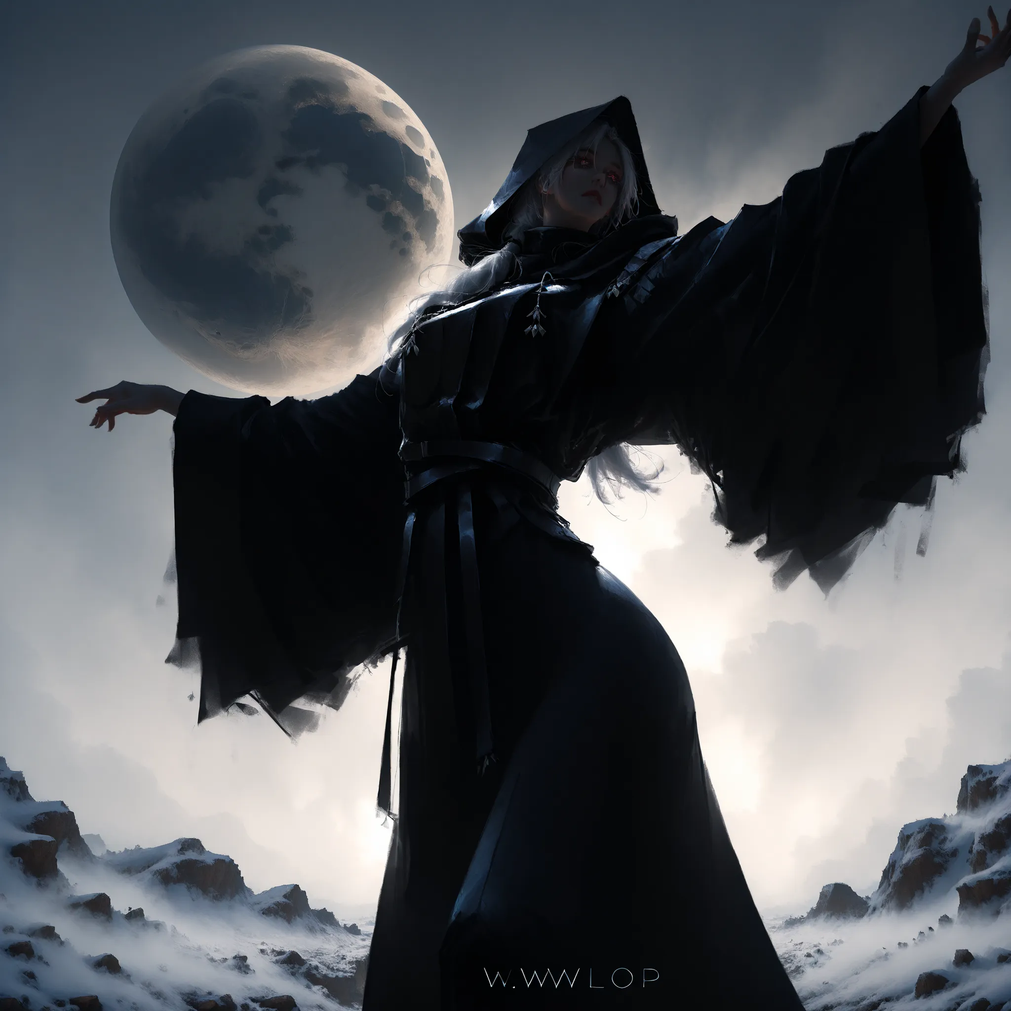artist: wlop, masterpiece, best quality, illustration, a beautiful woman, white hair, ponytail, red irises with white engravings, detailed face, black assassin clothes, female wearing black assassin robes with high waist leather bottoms with the cloaks ho...