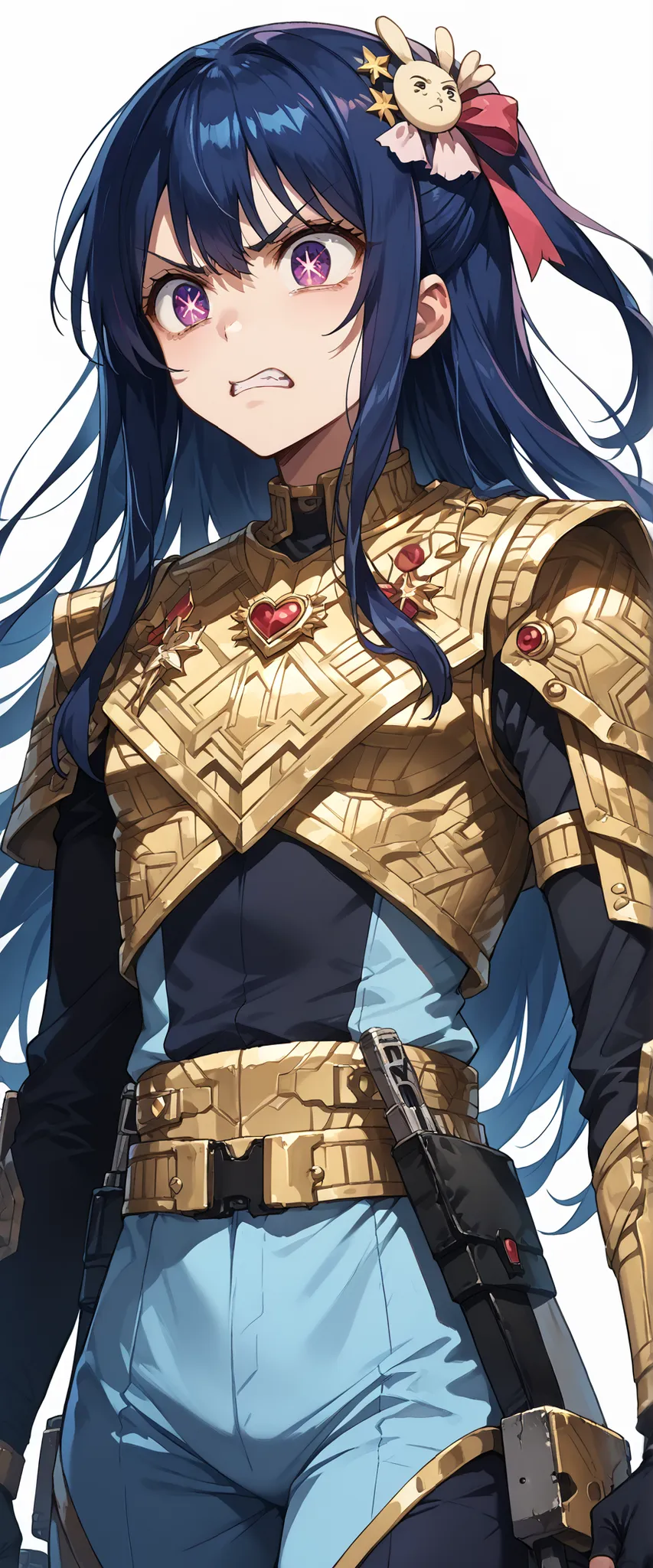 score_9, score_8_up, score_7_up,source_anime,BREAK, solo 1
hoshino_ai_oshi_no_ko, with blue hair
dressed in a body uniform. metallic silver, with deep reds, blacks, or gold accents embodied angry expression