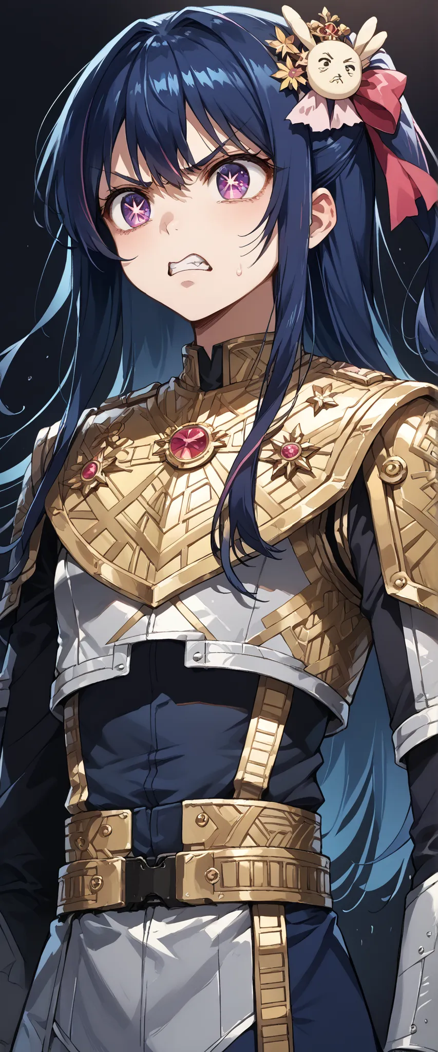 score_9, score_8_up, score_7_up,source_anime,BREAK, solo 1
hoshino_ai_oshi_no_ko, with blue hair
dressed in a body uniform. metallic silver, with deep reds, blacks, or gold accents embodied angry expression