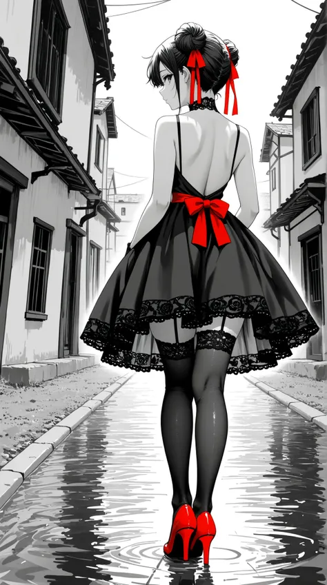 A stylish anime girl in erotic manga style walking away from the viewer, shown from behind in a low-angle view. She wears a short, flared backless dress with soft layered fabric and a large red bow tied at the back of her waist. Her legs are long and elega...