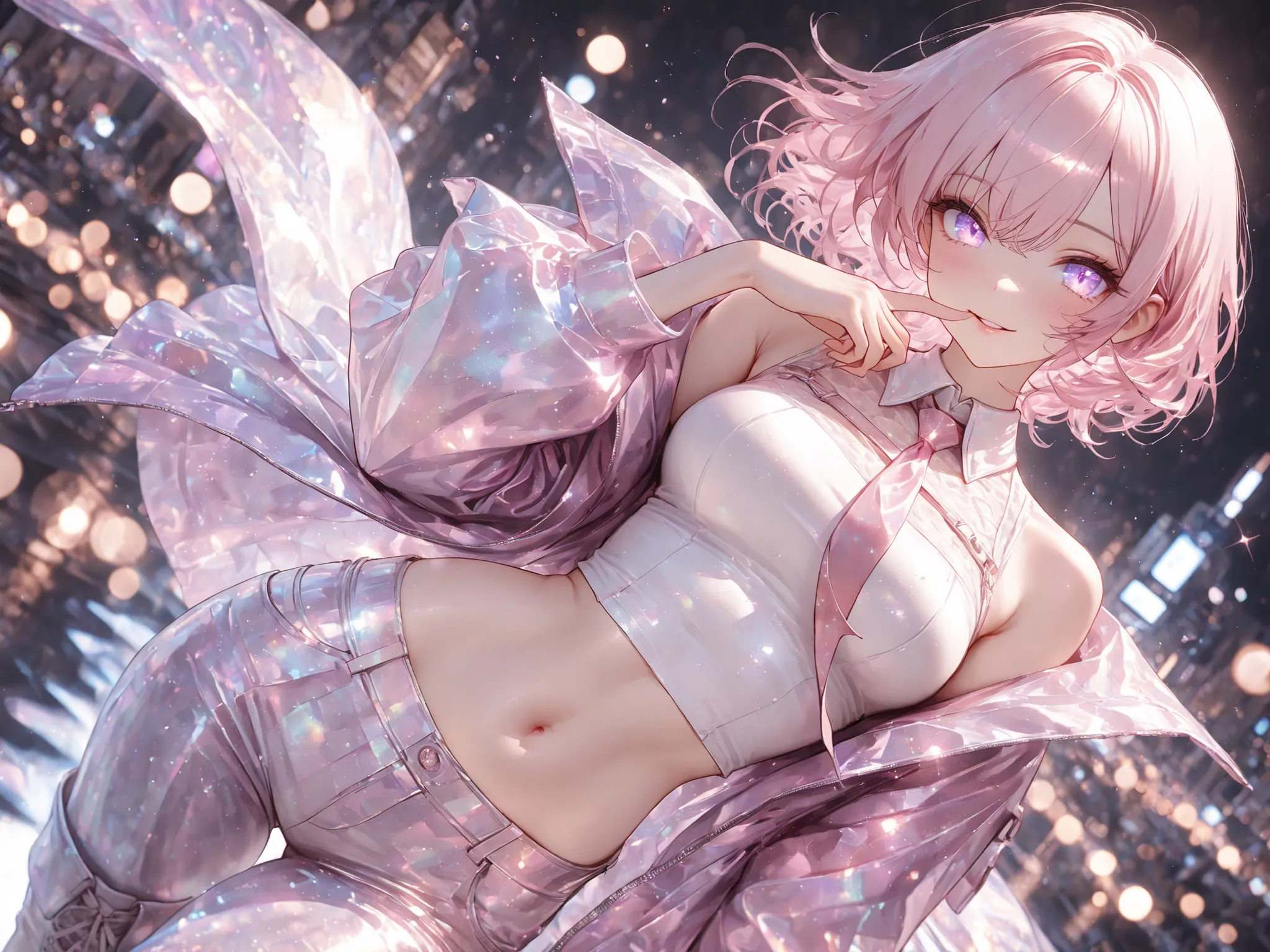 8k, HDR, extremely detailed face and eyes, beautiful face and eyes, perfect hands, good_hands, solo, 1 girl, violet eyes, light pink hair, short hair, cool, beautiful, medium breast, very cute, lovely, kawaii, short cargo pants, white crop blouse with coll...