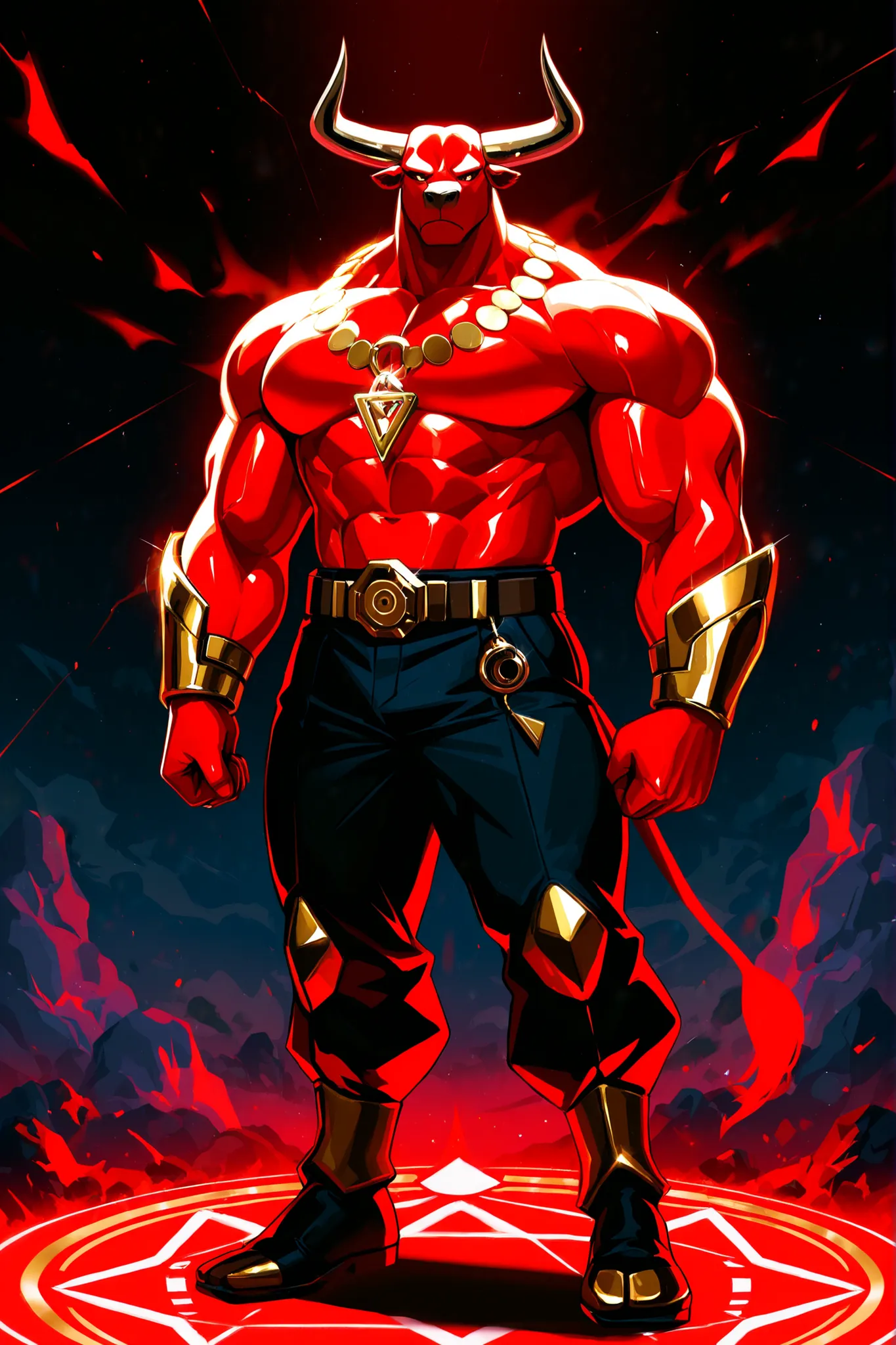 A red humanoid male bull wearing a triangular locket device on his neck, red glow futuristic triangular front, device colour is gold and silver, bull like anthropod legs, the bull wearing black trousers, bulky appearance, muscular and ripped body, full bod...