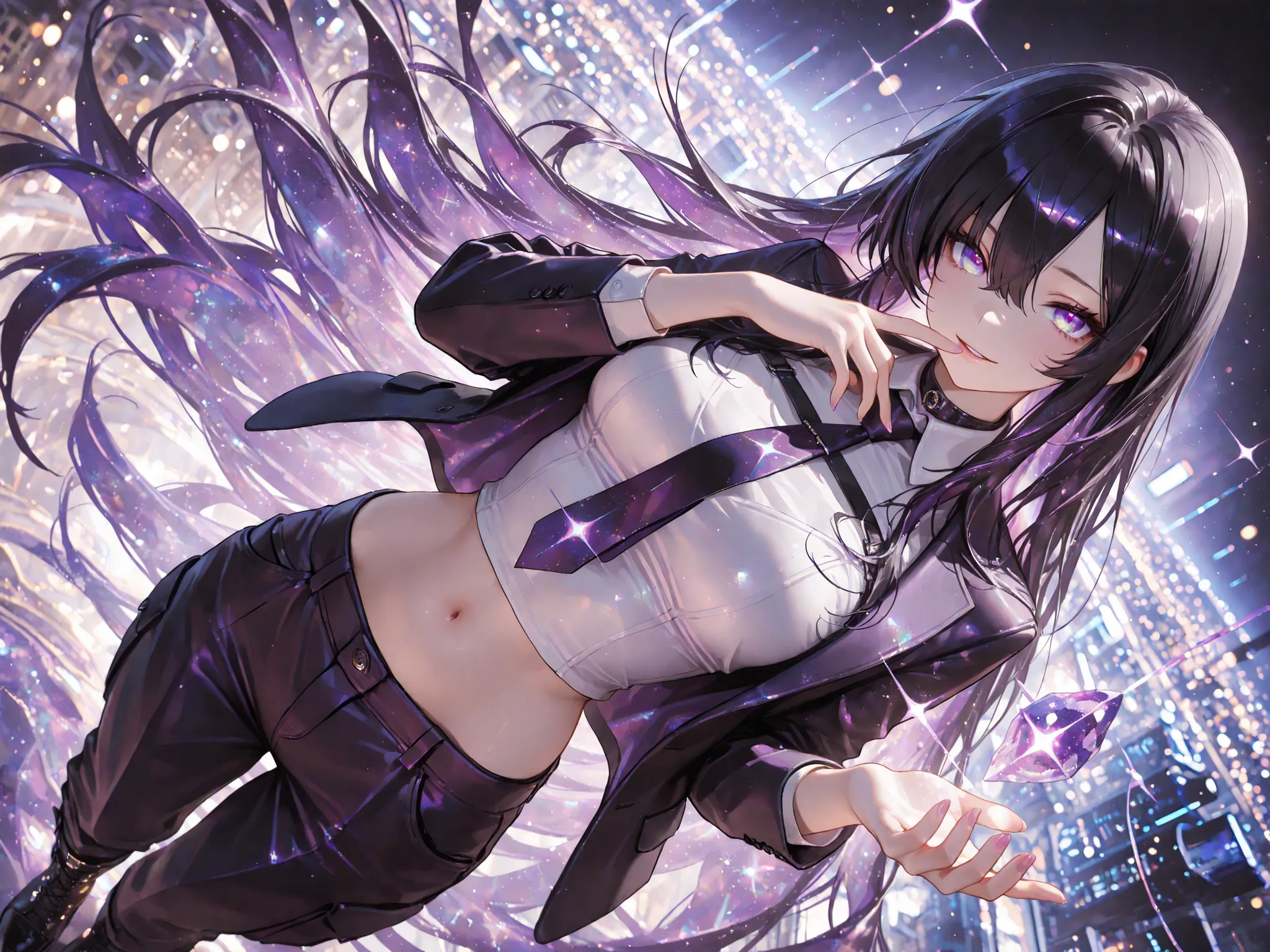  8k, HDR, extremely detailed face and eyes, beautiful face and eyes, perfect hands, good_hands, solo, 1 woman, sharp purple eyes , multicolored eyes , hair between eyes , long side bangs , black hair with fine purple strands , very long hair , medium breas...