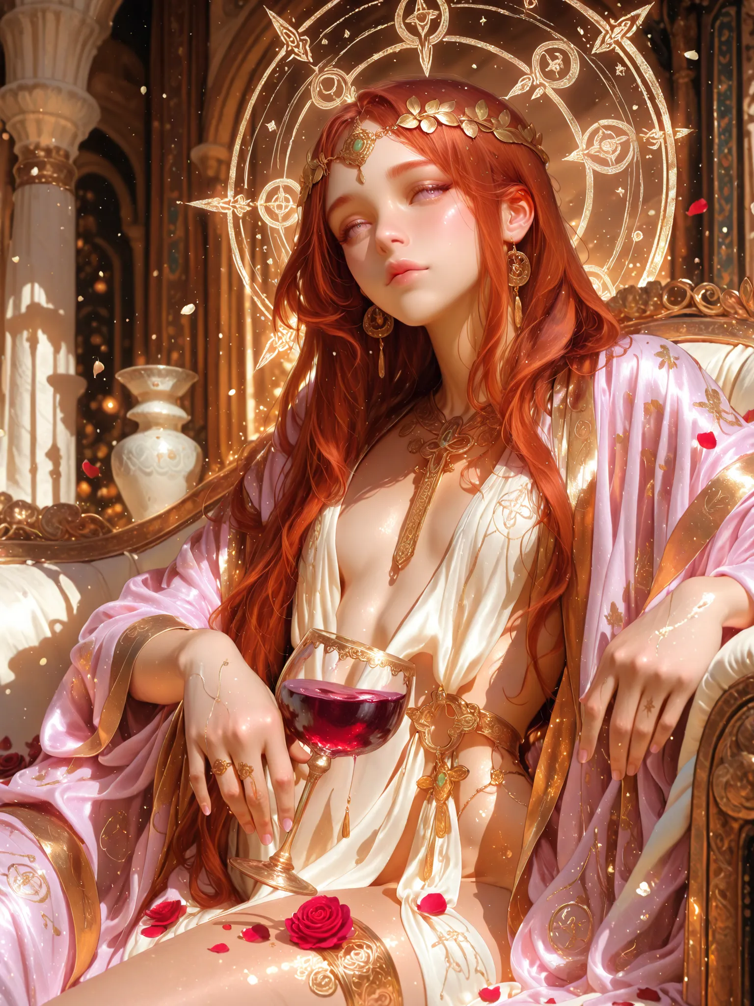 1 girl, A playful, androgynous female demon noble. She is a duchess , seated gracefully.thick creamy White water in her hands . She has long, flowing auburn hair, porcelain skin, and wears a ducal crown adorned with sacred geometry and old runes. Her gaze ...