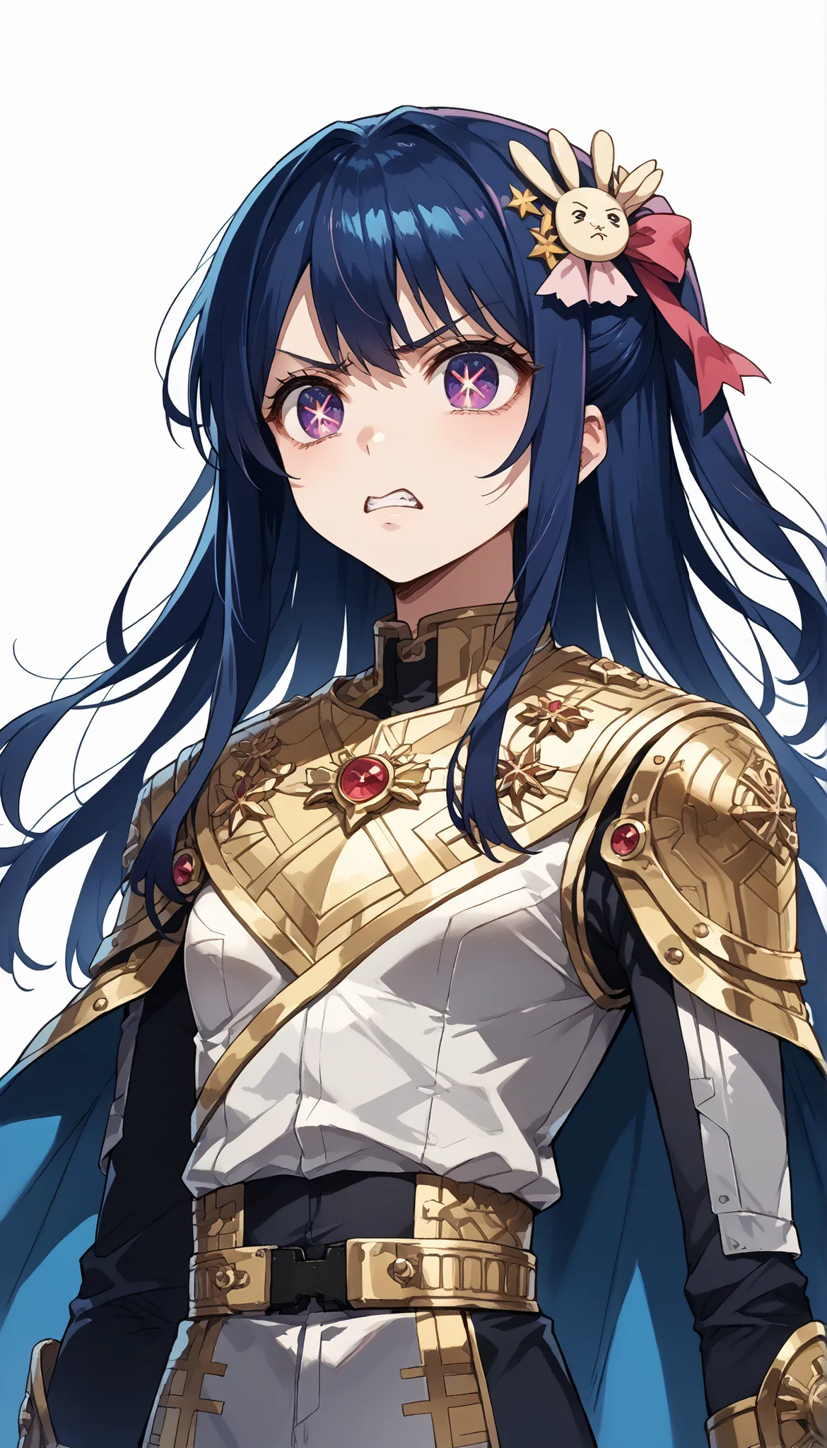 score_9, score_8_up, score_7_up,source_anime,BREAK, solo 1
hoshino_ai_oshi_no_ko, with blue hair
dressed in a body uniform and cape. metallic silver, with deep reds, blacks, or gold accents embodied angry expression on a clean white background